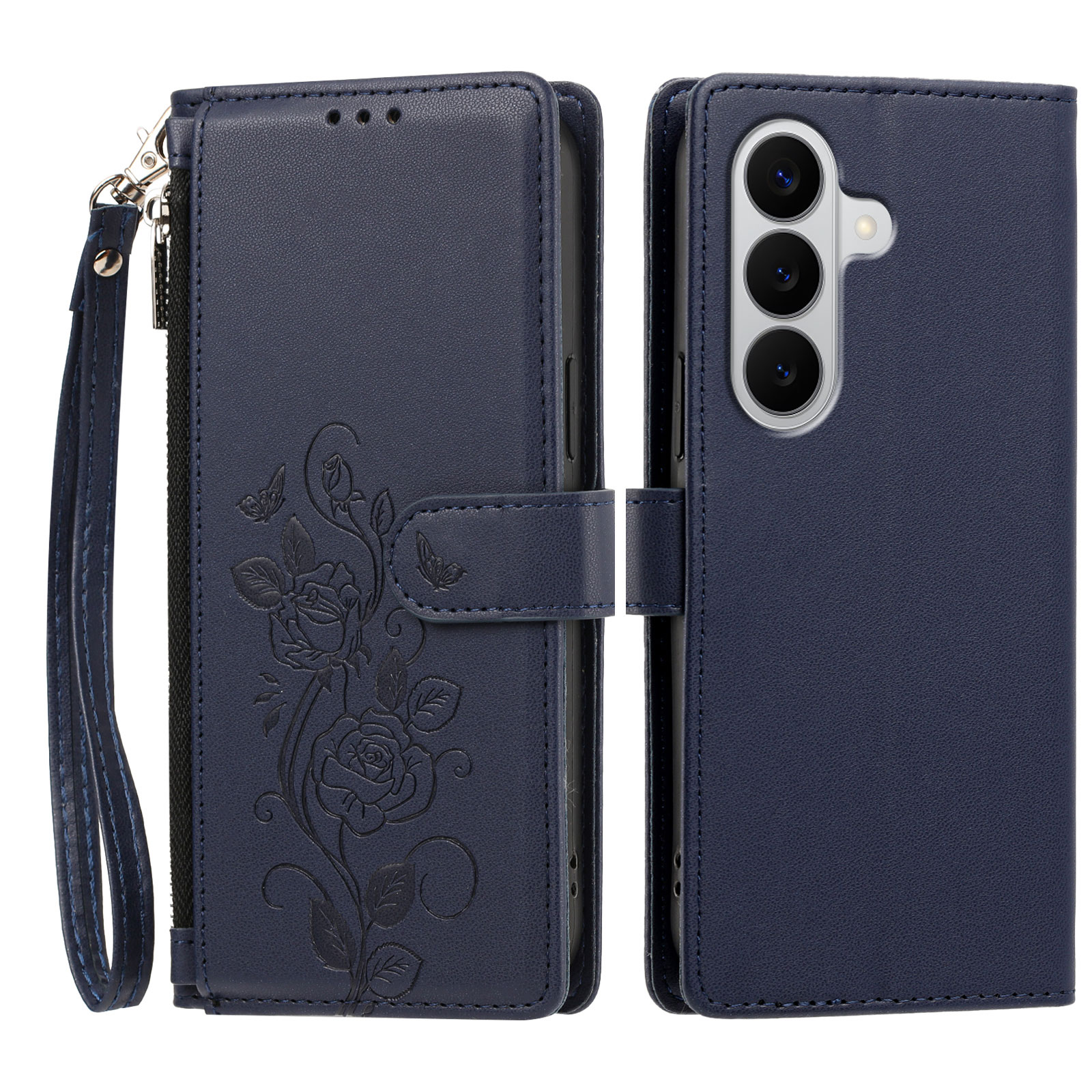 For Samsung Galaxy M47 5G / Galaxy A27 5G Case Rose Pattern Imprinted Wallet Stand PU Leather Phone Cover with Wrist Strap - Dark Blue