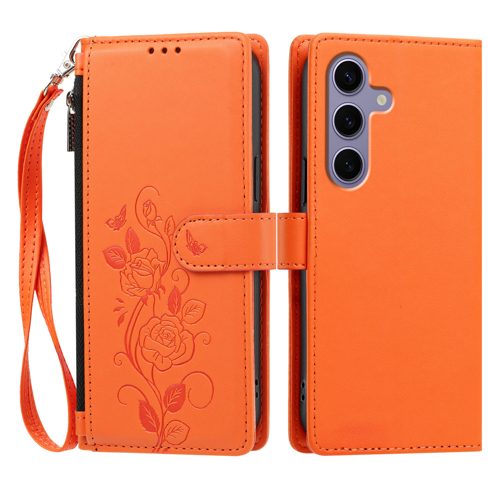 For Samsung Galaxy S24 / Galaxy S25 Case Rose Pattern Imprinted Wallet Stand PU Leather Phone Cover with Wrist Strap - Orange
