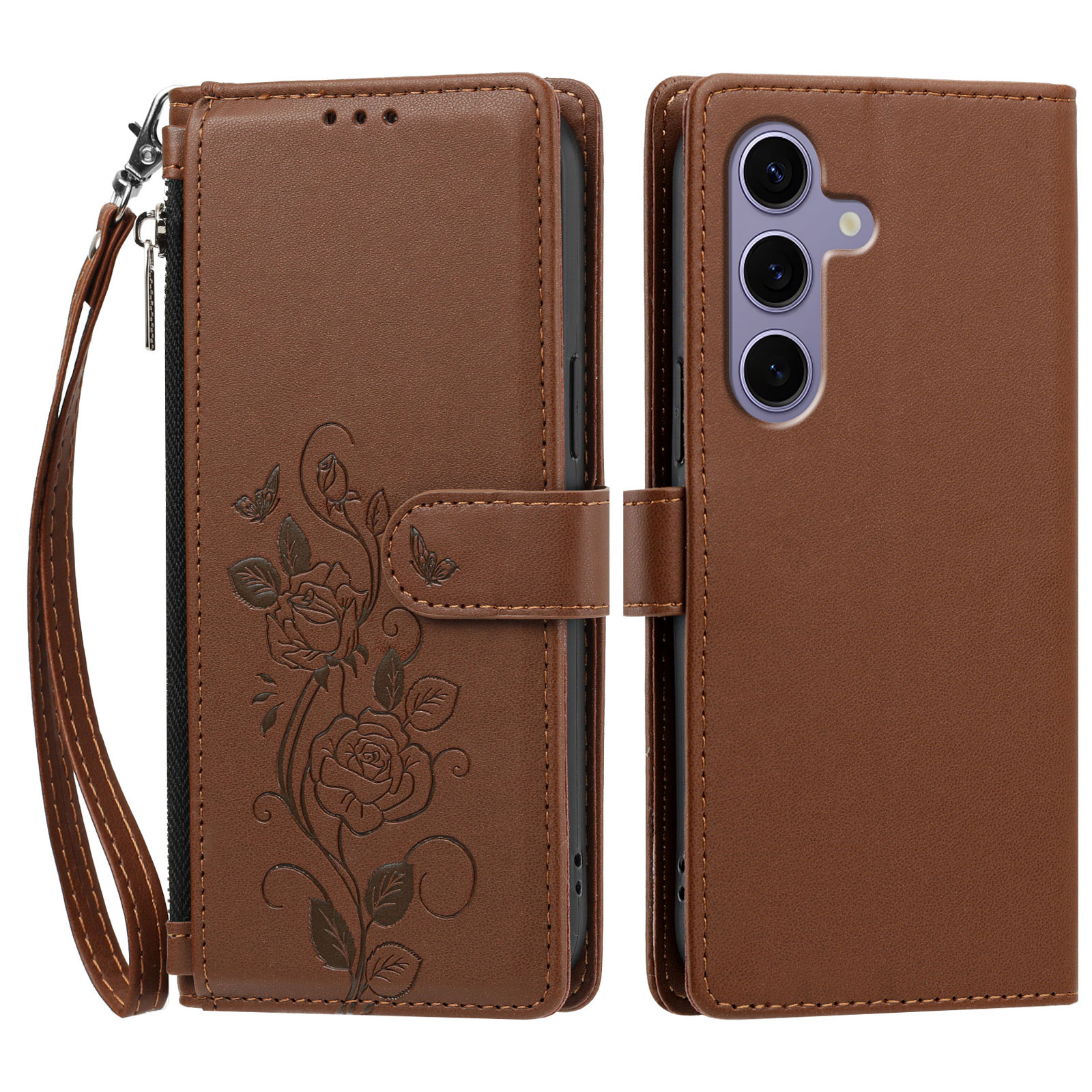 For Samsung Galaxy S24 / Galaxy S25 Case Rose Pattern Imprinted Wallet Stand PU Leather Phone Cover with Wrist Strap - Brown