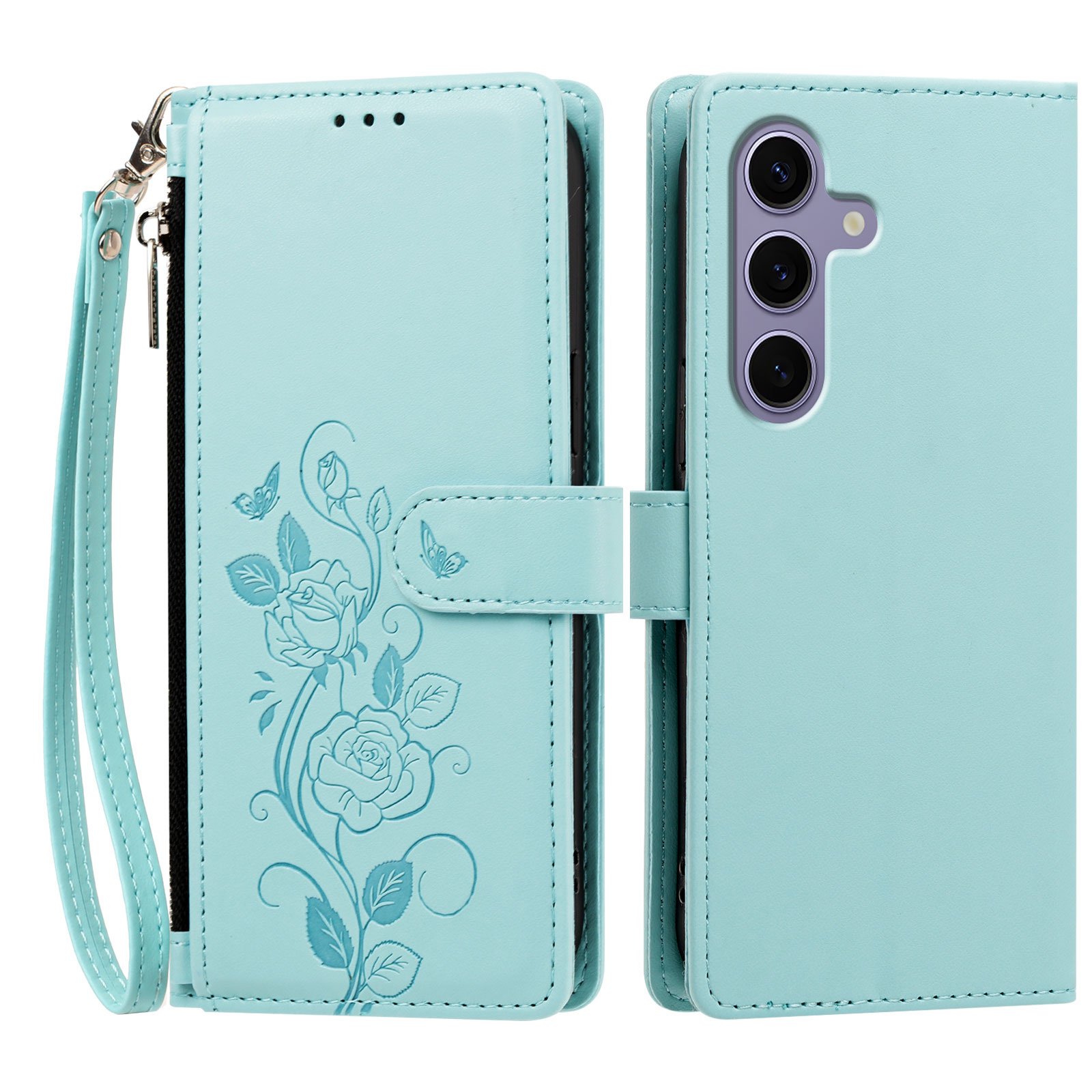 For Samsung Galaxy S24 / Galaxy S25 Case Rose Pattern Imprinted Wallet Stand PU Leather Phone Cover with Wrist Strap - Light Green