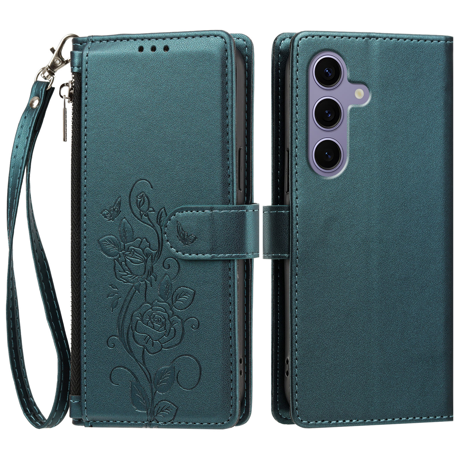 For Samsung Galaxy S24 / Galaxy S25 Case Rose Pattern Imprinted Wallet Stand PU Leather Phone Cover with Wrist Strap - Dark Green