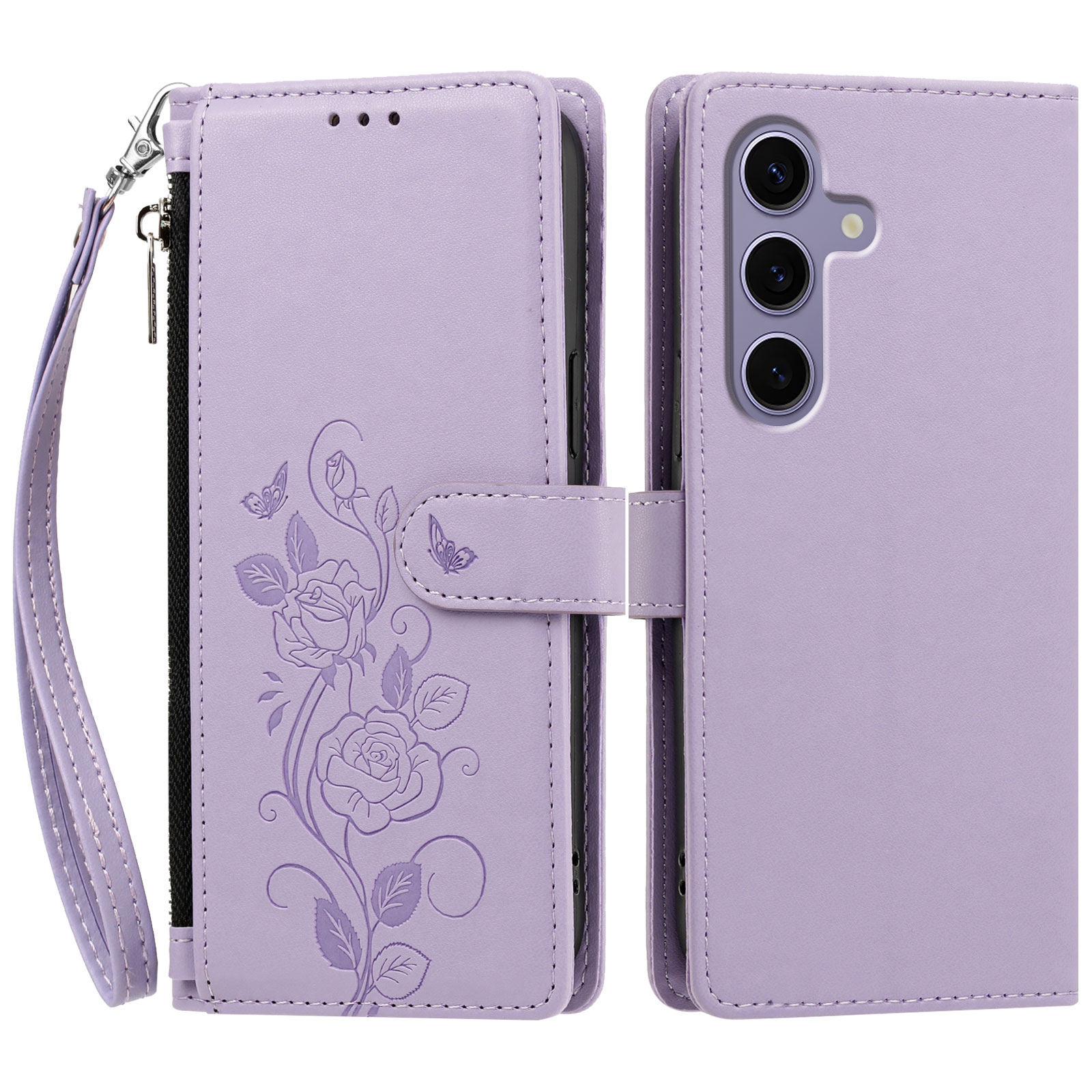 For Samsung Galaxy S24 / Galaxy S25 Case Rose Pattern Imprinted Wallet Stand PU Leather Phone Cover with Wrist Strap - Light Purple