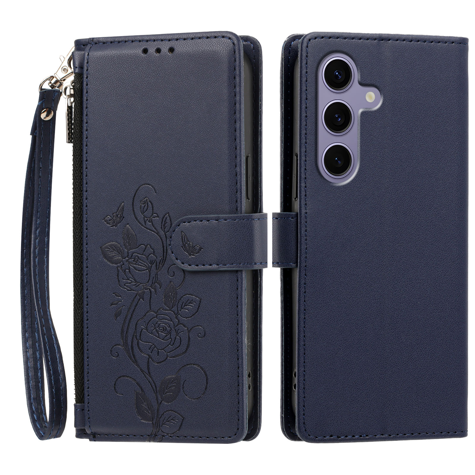 For Samsung Galaxy S24 / Galaxy S25 Case Rose Pattern Imprinted Wallet Stand PU Leather Phone Cover with Wrist Strap - Dark Blue