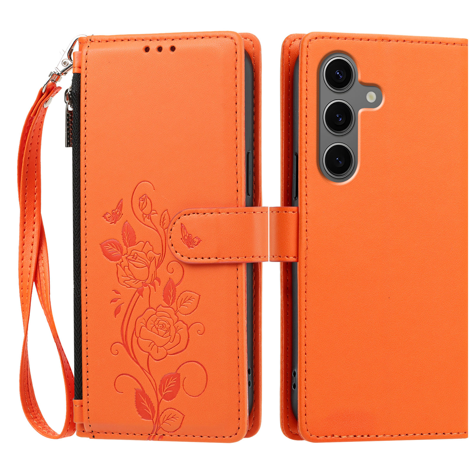 For Samsung Galaxy S24+ / Galaxy S25+ Case Rose Pattern Imprinted Wallet Stand PU Leather Phone Cover with Wrist Strap - Orange