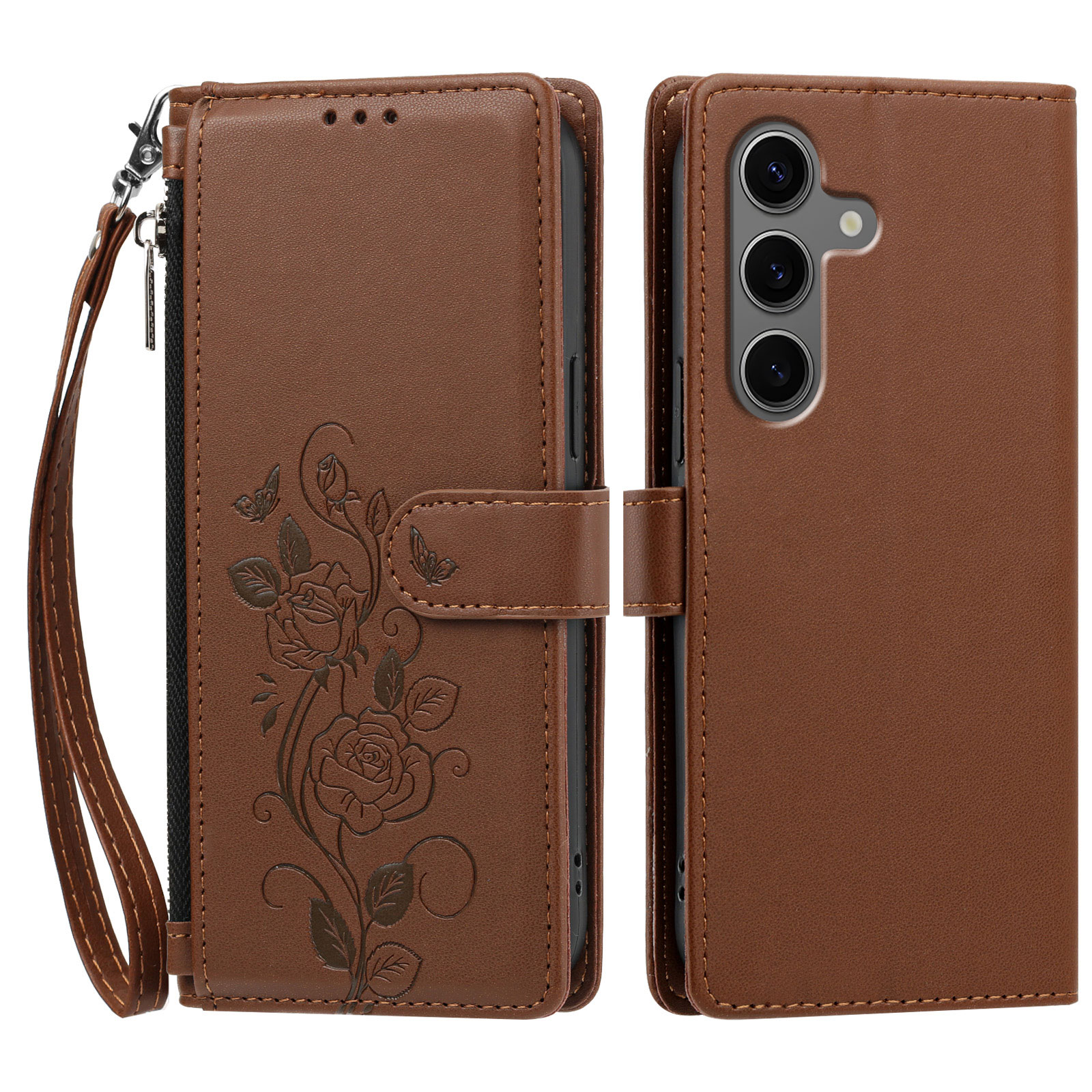 For Samsung Galaxy S24+ / Galaxy S25+ Case Rose Pattern Imprinted Wallet Stand PU Leather Phone Cover with Wrist Strap - Brown
