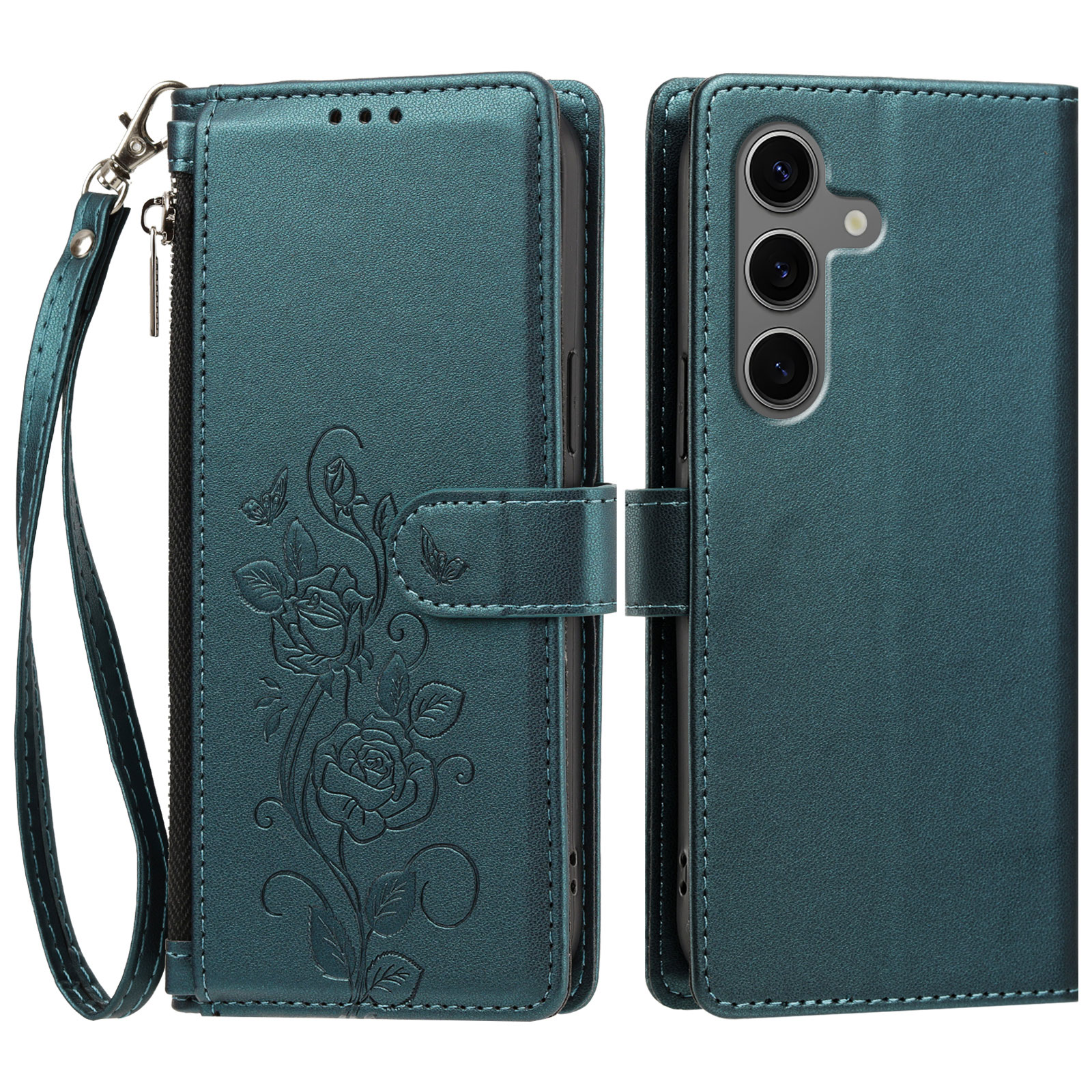 For Samsung Galaxy S24+ / Galaxy S25+ Case Rose Pattern Imprinted Wallet Stand PU Leather Phone Cover with Wrist Strap - Dark Green