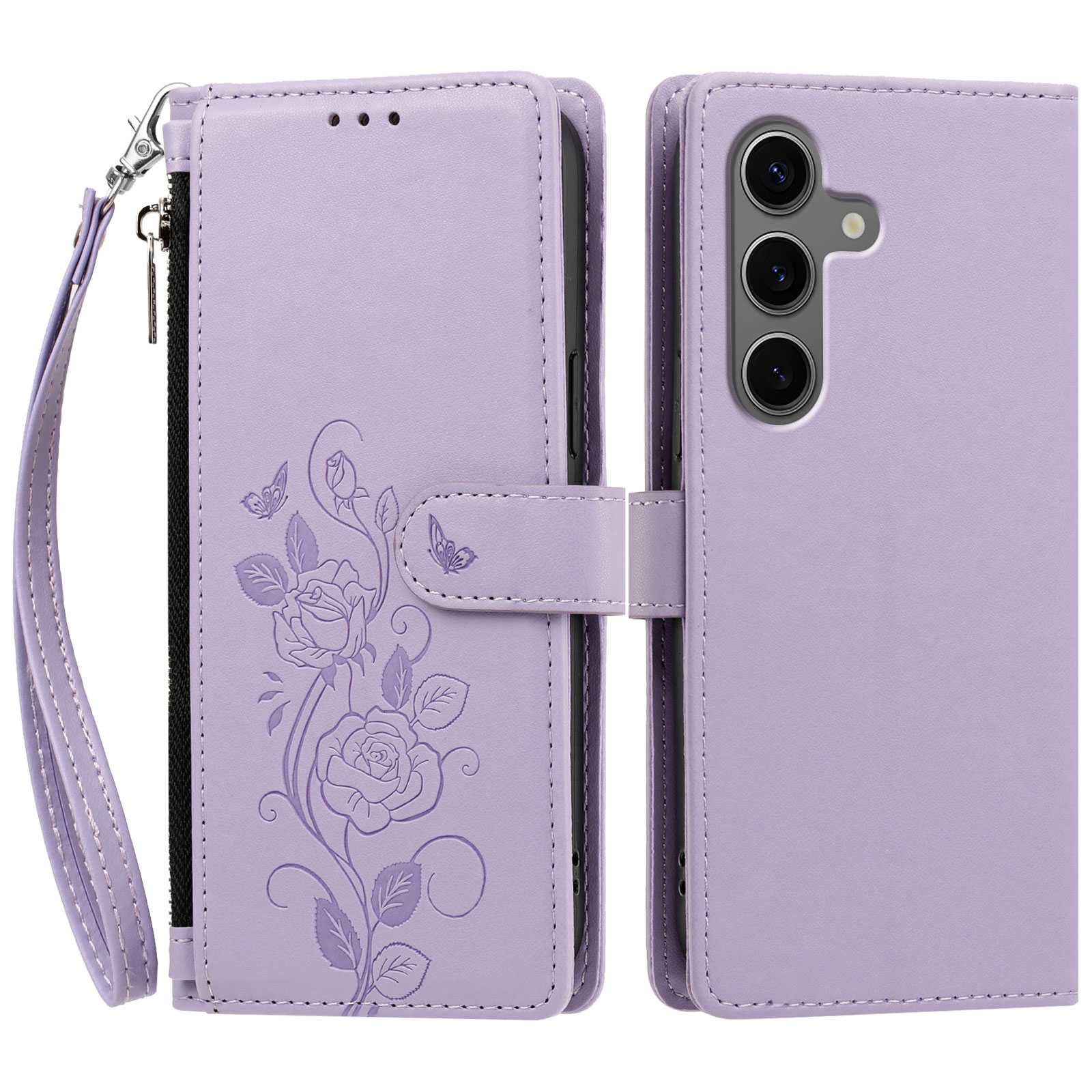 For Samsung Galaxy S24+ / Galaxy S25+ Case Rose Pattern Imprinted Wallet Stand PU Leather Phone Cover with Wrist Strap - Light Purple