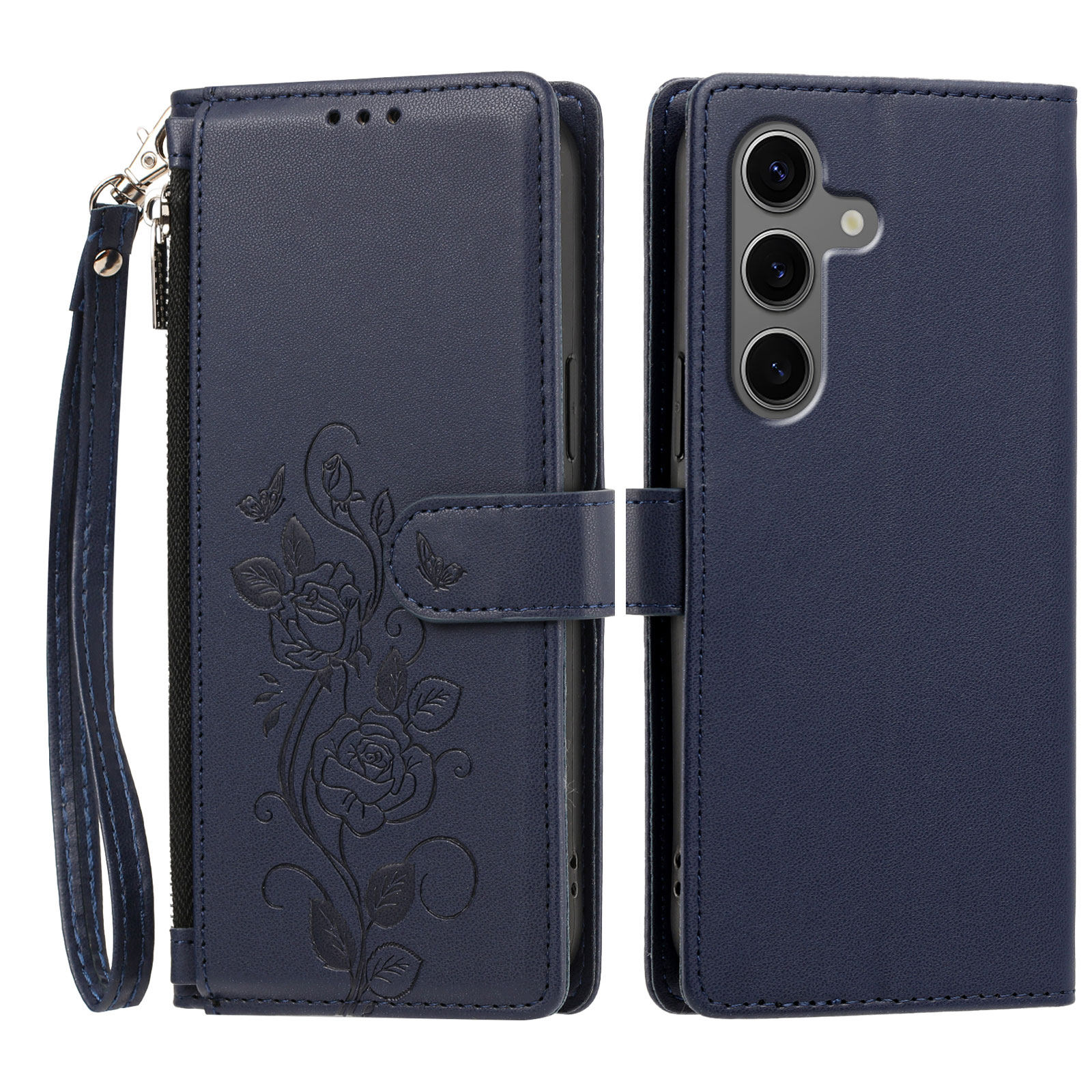 For Samsung Galaxy S24+ / Galaxy S25+ Case Rose Pattern Imprinted Wallet Stand PU Leather Phone Cover with Wrist Strap - Dark Blue