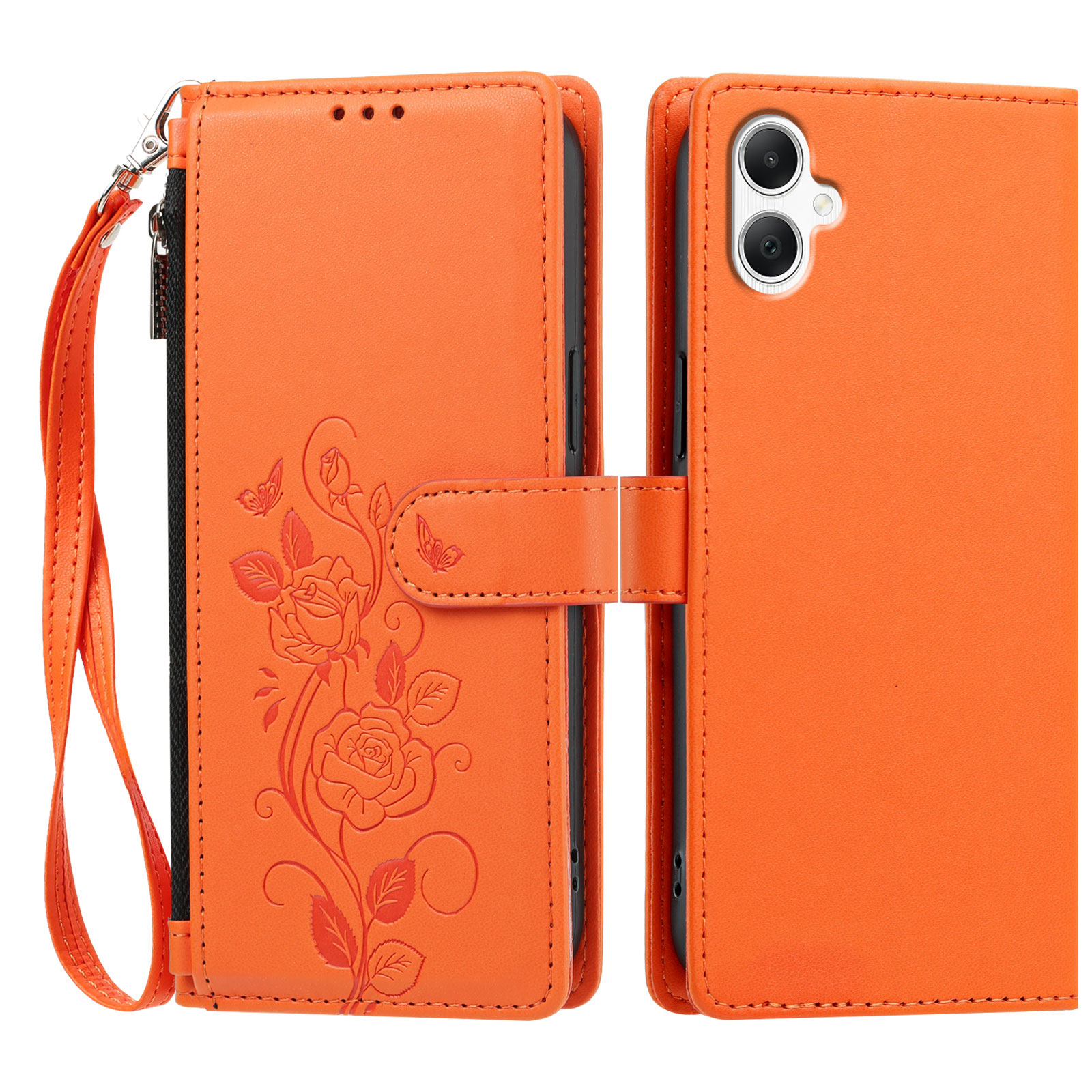 For Samsung Galaxy M17e 5G / Galaxy M07 4G / Galaxy F07 4G / Galaxy A08 4G / Galaxy A07 4G / Galaxy A07 5G / Galaxy A06 4G / Galaxy A06 5G / Galaxy A08 5G Case Rose Pattern Imprinted Wallet Stand PU Leather Phone Cover with Wrist Strap - Orange
