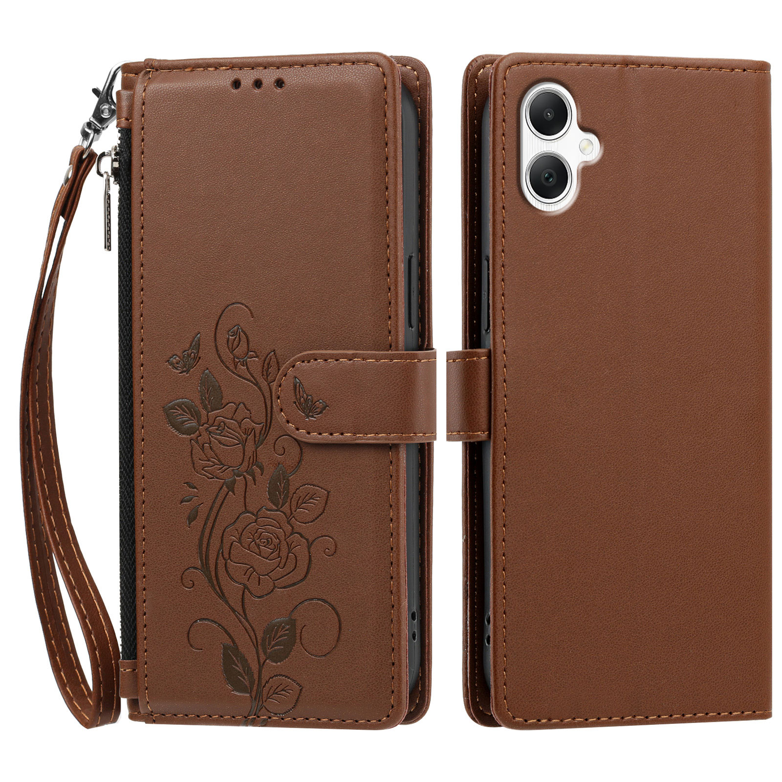For Samsung Galaxy M17e 5G / Galaxy M07 4G / Galaxy F07 4G / Galaxy A08 4G / Galaxy A07 4G / Galaxy A07 5G / Galaxy A06 4G / Galaxy A06 5G / Galaxy A08 5G Case Rose Pattern Imprinted Wallet Stand PU Leather Phone Cover with Wrist Strap - Brown
