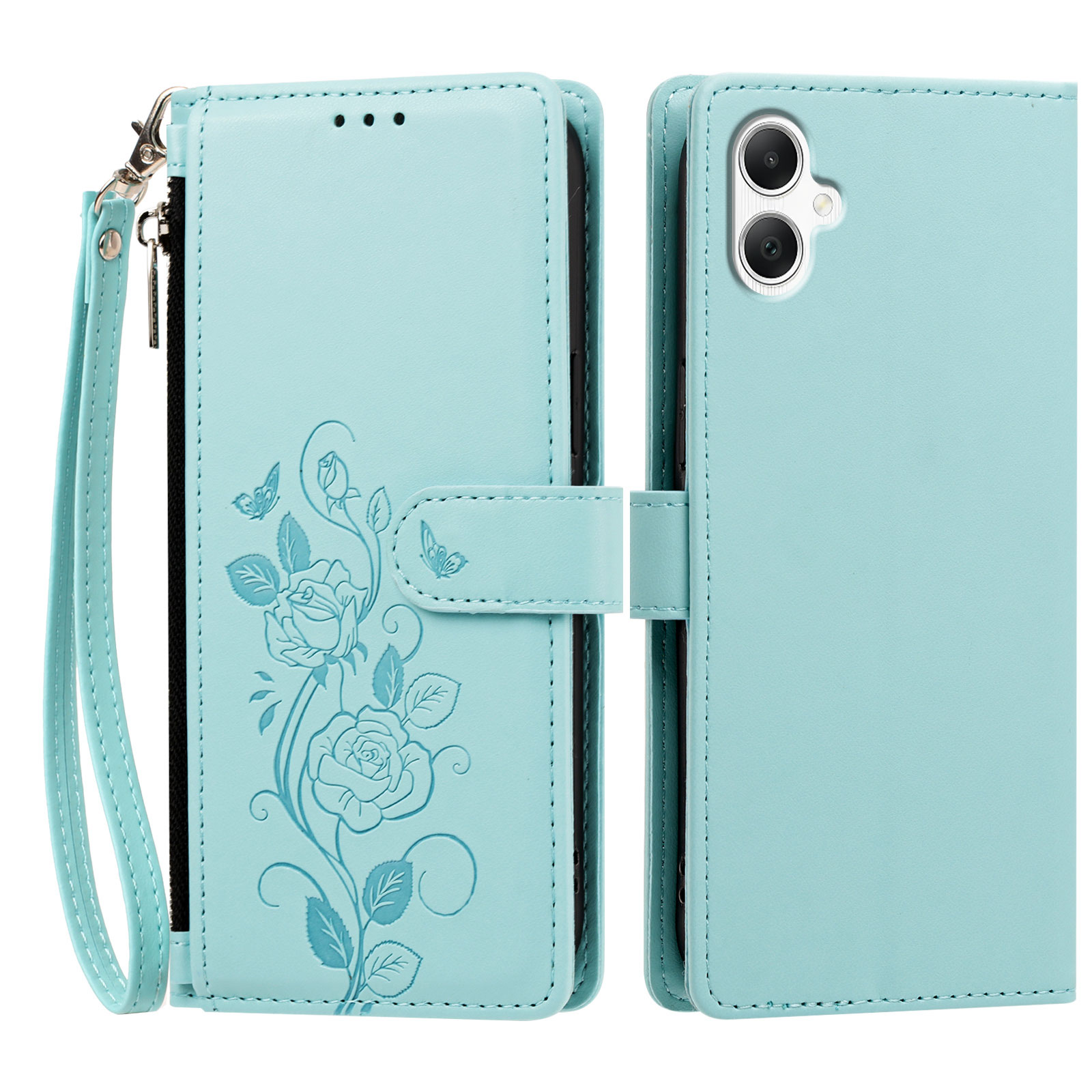 For Samsung Galaxy M17e 5G / Galaxy M07 4G / Galaxy F07 4G / Galaxy A08 4G / Galaxy A07 4G / Galaxy A07 5G / Galaxy A06 4G / Galaxy A06 5G / Galaxy A08 5G Case Rose Pattern Imprinted Wallet Stand PU Leather Phone Cover with Wrist Strap - Light Green