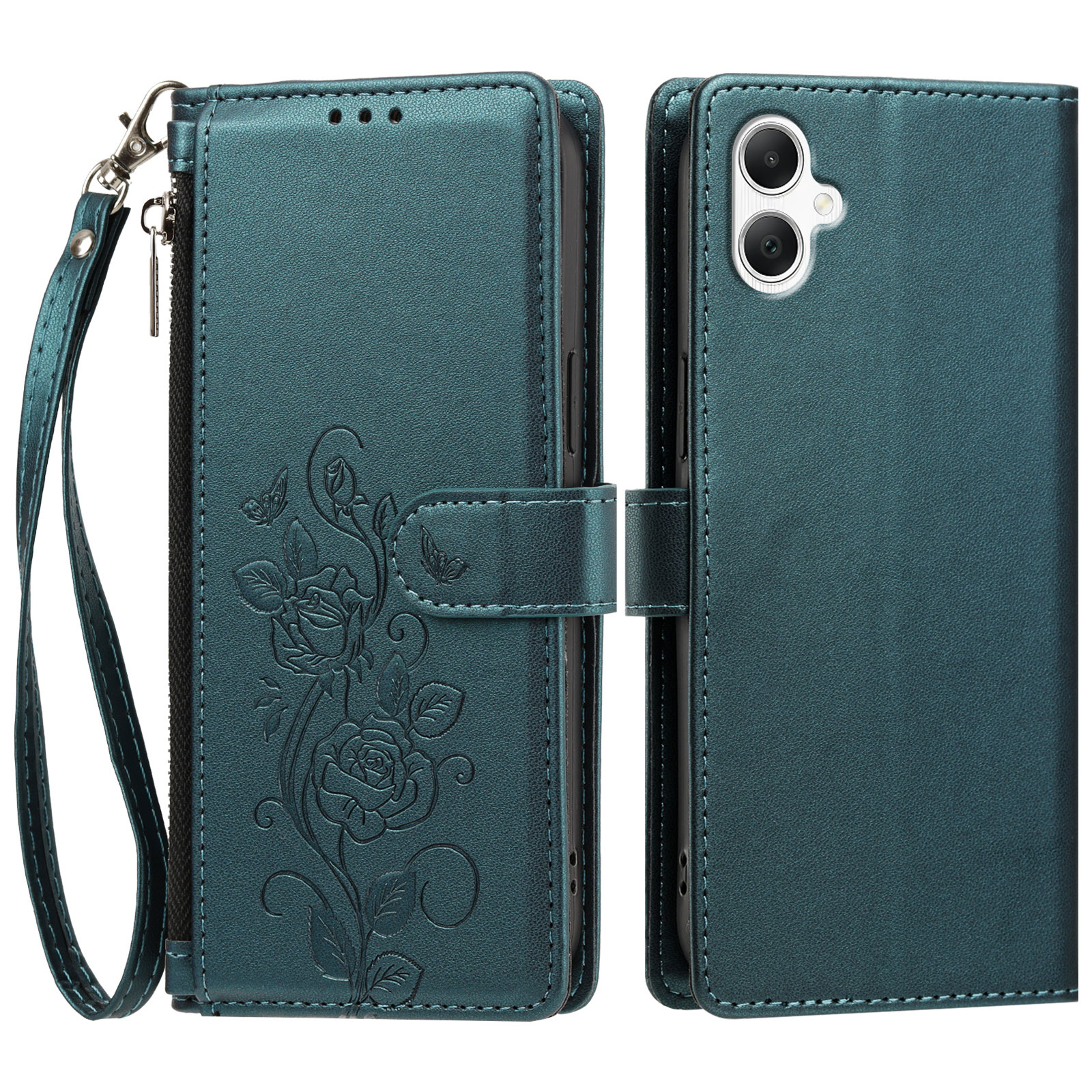 For Samsung Galaxy M17e 5G / Galaxy M07 4G / Galaxy F07 4G / Galaxy A08 4G / Galaxy A07 4G / Galaxy A07 5G / Galaxy A06 4G / Galaxy A06 5G / Galaxy A08 5G Case Rose Pattern Imprinted Wallet Stand PU Leather Phone Cover with Wrist Strap - Dark Green