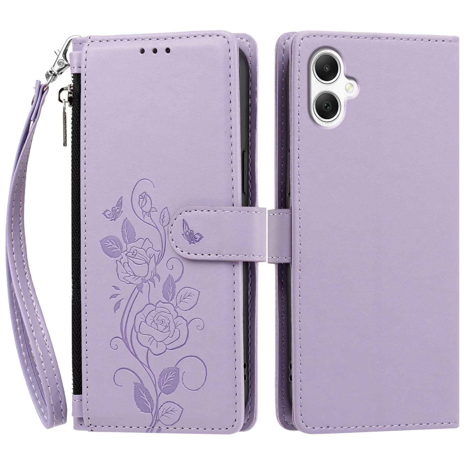 For Samsung Galaxy M17e 5G / Galaxy M07 4G / Galaxy F07 4G / Galaxy A08 4G / Galaxy A07 4G / Galaxy A07 5G / Galaxy A06 4G / Galaxy A06 5G / Galaxy A08 5G Case Rose Pattern Imprinted Wallet Stand PU Leather Phone Cover with Wrist Strap - Light Purple