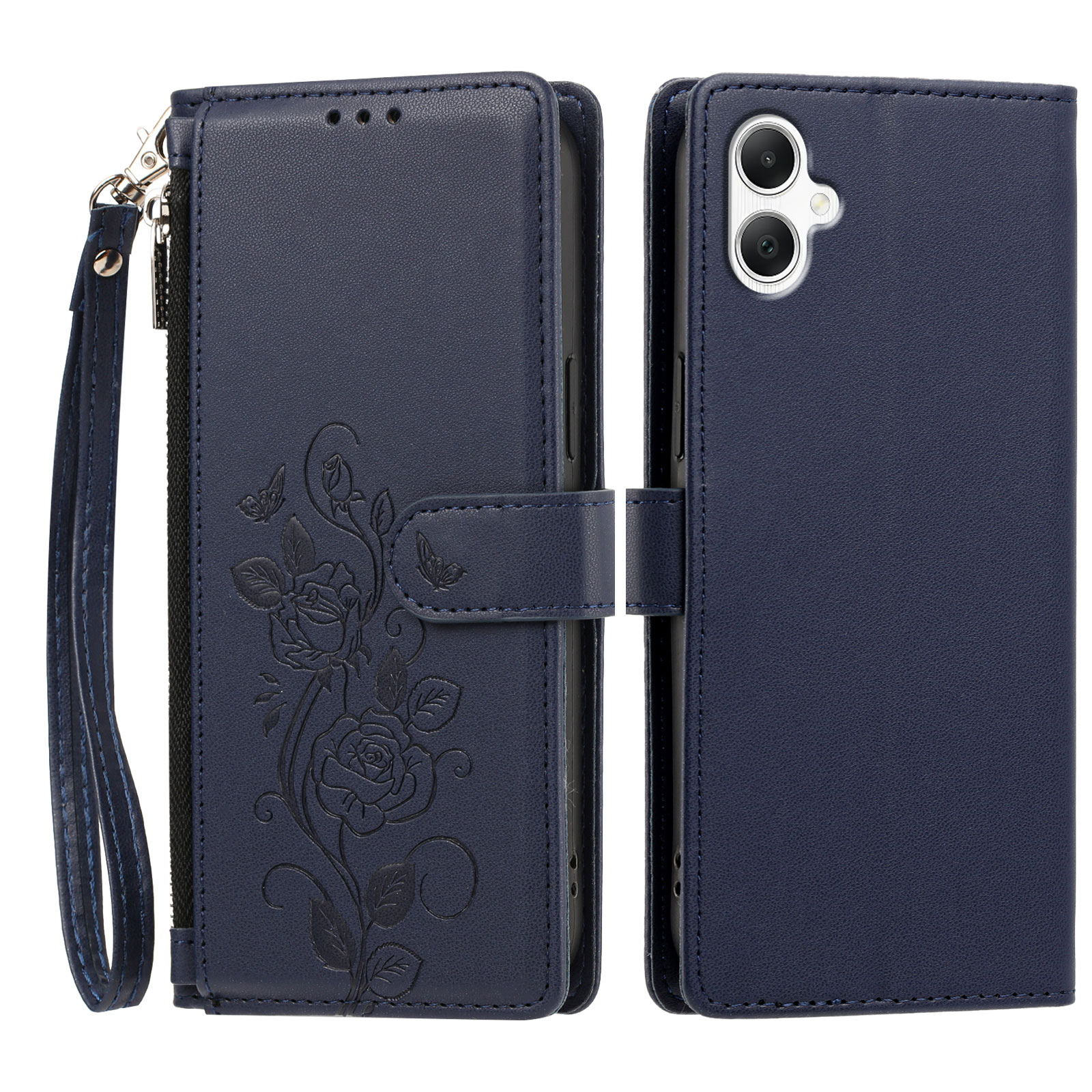 For Samsung Galaxy M17e 5G / Galaxy M07 4G / Galaxy F07 4G / Galaxy A08 4G / Galaxy A07 4G / Galaxy A07 5G / Galaxy A06 4G / Galaxy A06 5G / Galaxy A08 5G Case Rose Pattern Imprinted Wallet Stand PU Leather Phone Cover with Wrist Strap - Dark Blue