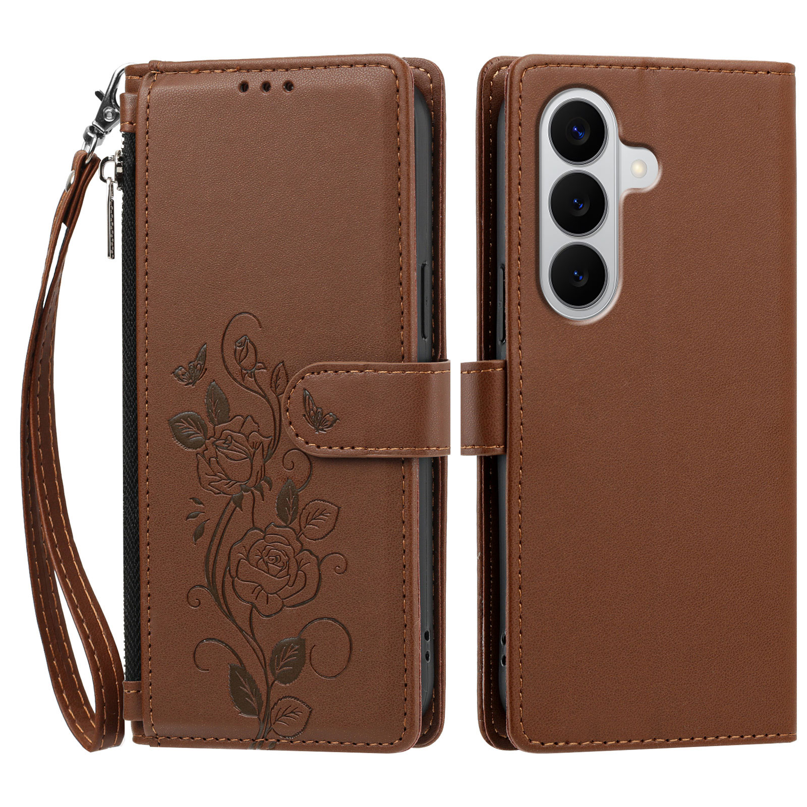 For Samsung Galaxy A18 4G / A18 5G / A17 5G / A17 4G / A26 5G / F17 5G / M17 5G Case Rose Pattern Imprinted Wallet Stand PU Leather Phone Cover with Wrist Strap - Brown