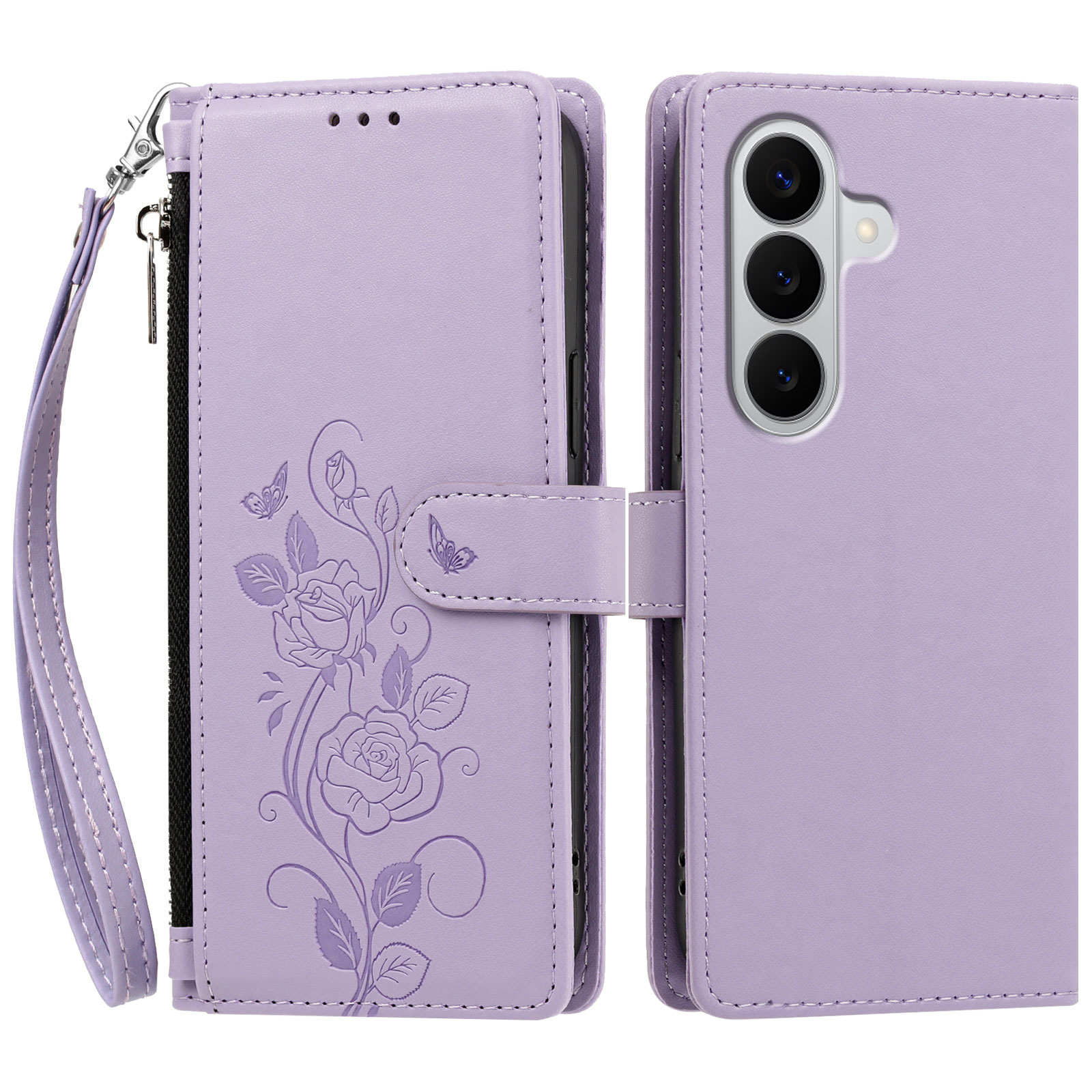 For Samsung Galaxy A18 4G / A18 5G / A17 5G / A17 4G / A26 5G / F17 5G / M17 5G Case Rose Pattern Imprinted Wallet Stand PU Leather Phone Cover with Wrist Strap - Light Purple