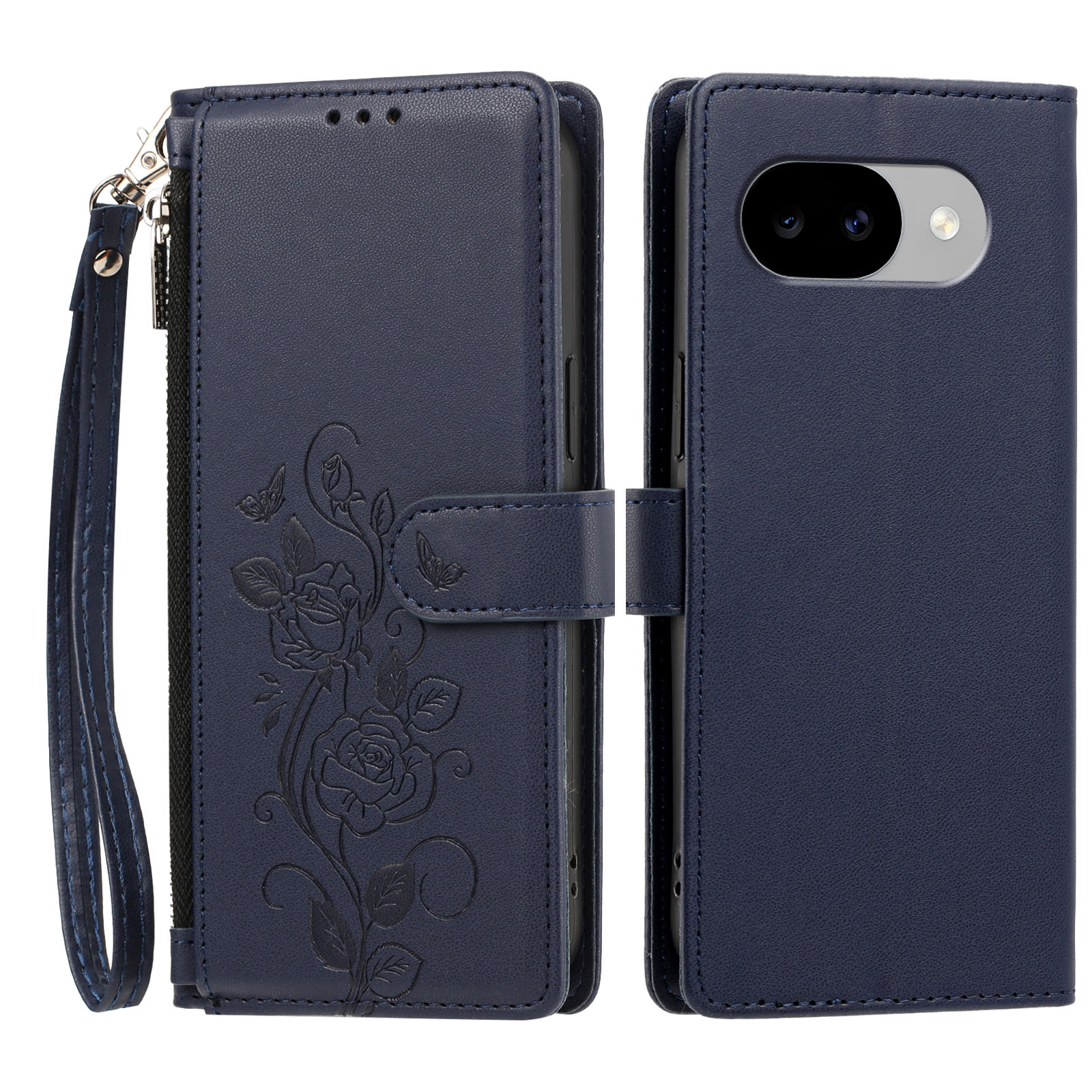 For Google Pixel 11a Case Rose Pattern Imprinted Wallet Stand PU Leather Phone Cover with Wrist Strap - Dark Blue