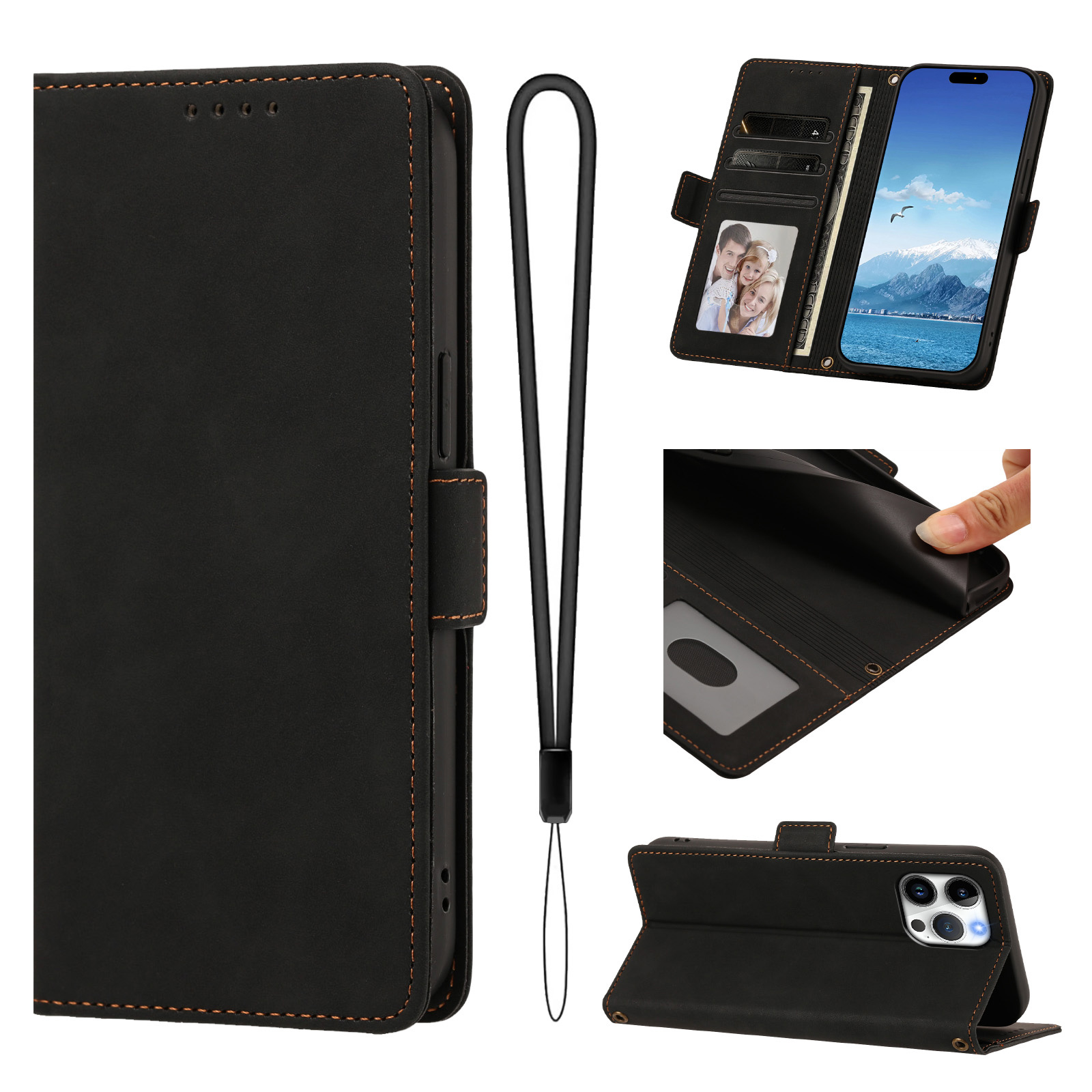 For iPhone 16 Pro Max Case Skin-touch PU Leather Flip Wallet Phone Cover with Wrist Strap - Black