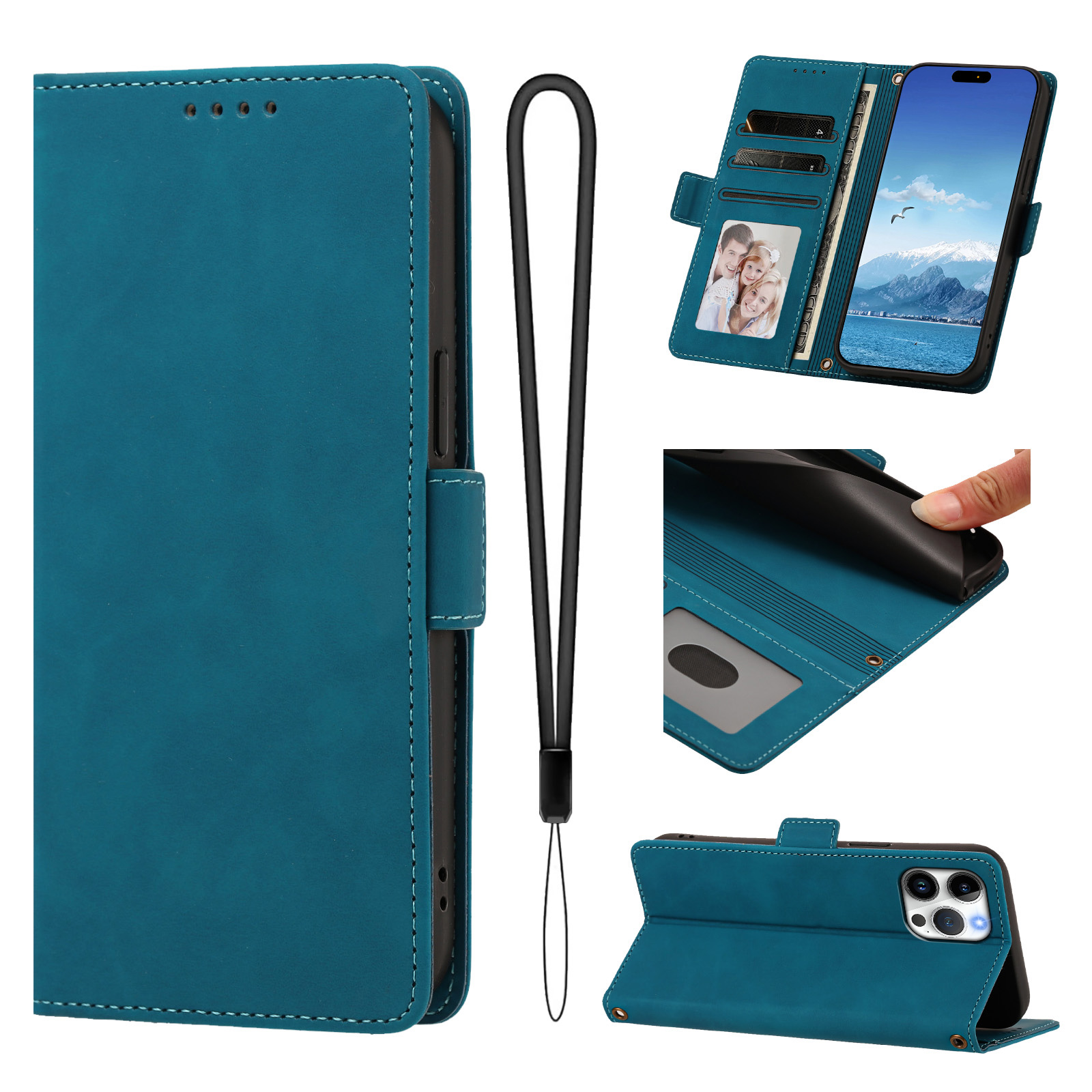 For iPhone 16 Pro Max Case Skin-touch PU Leather Flip Wallet Phone Cover with Wrist Strap - Lake Blue