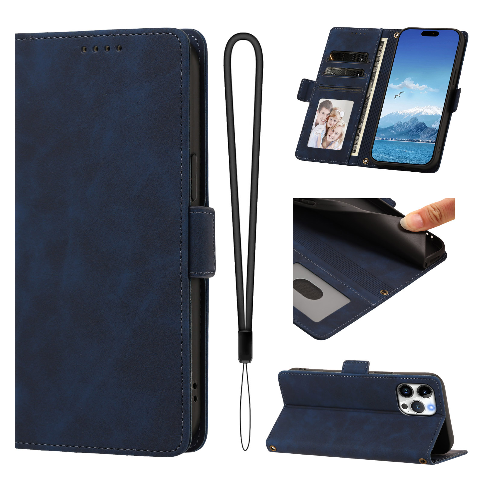 For iPhone 16 Pro Max Case Skin-touch PU Leather Flip Wallet Phone Cover with Wrist Strap - Dark Blue