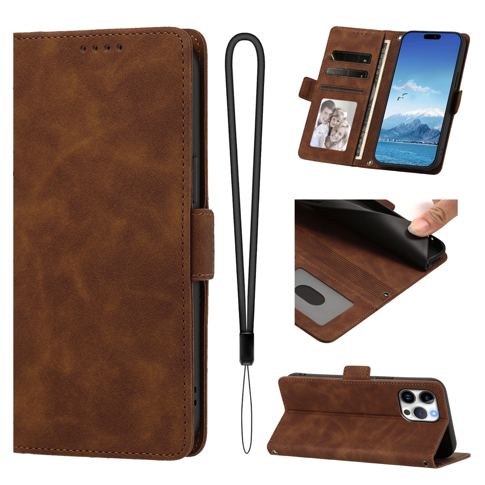 For iPhone 16 Pro Max Case Skin-touch PU Leather Flip Wallet Phone Cover with Wrist Strap - Brown