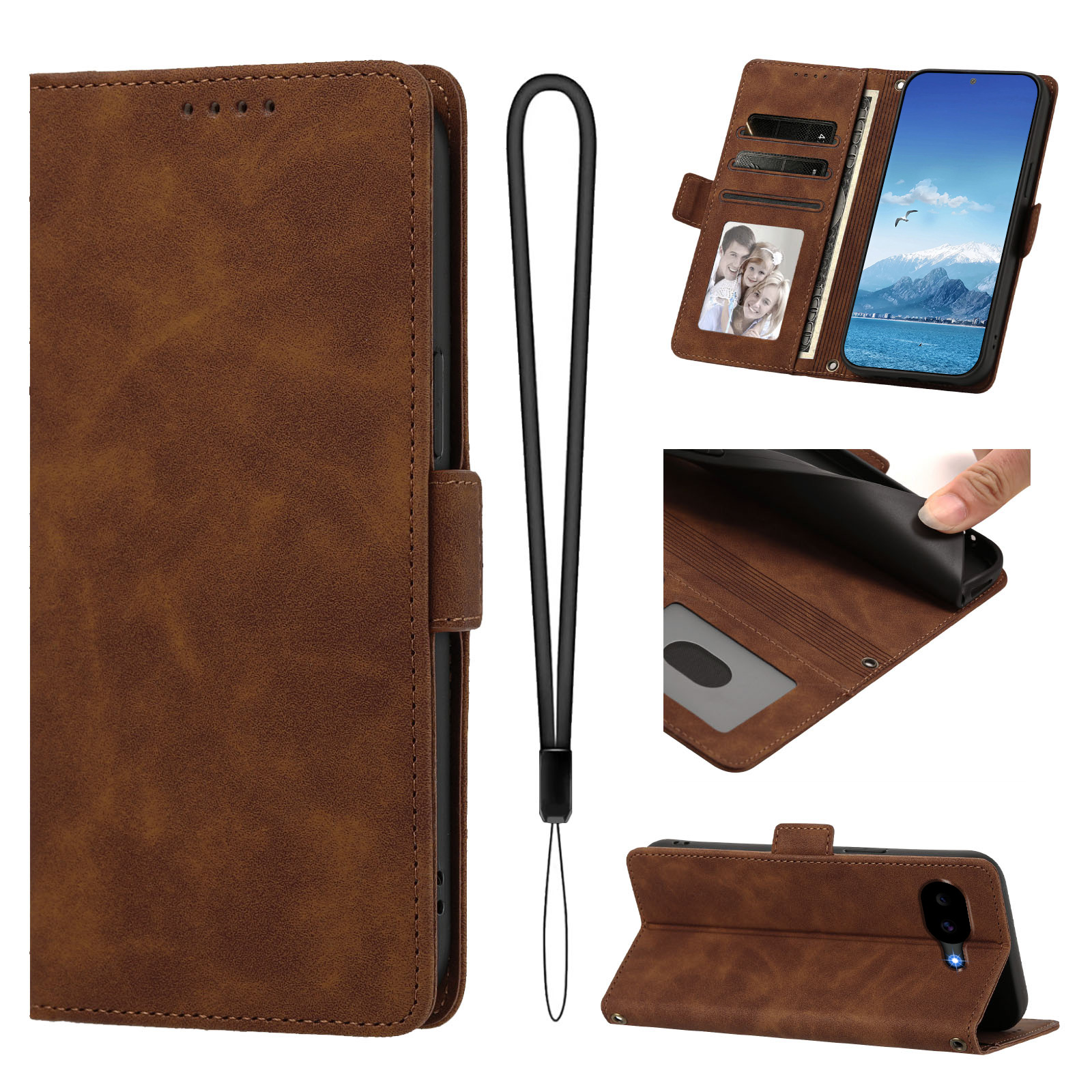 For Google Pixel 11a Case Skin-touch PU Leather Flip Wallet Phone Cover with Wrist Strap - Brown