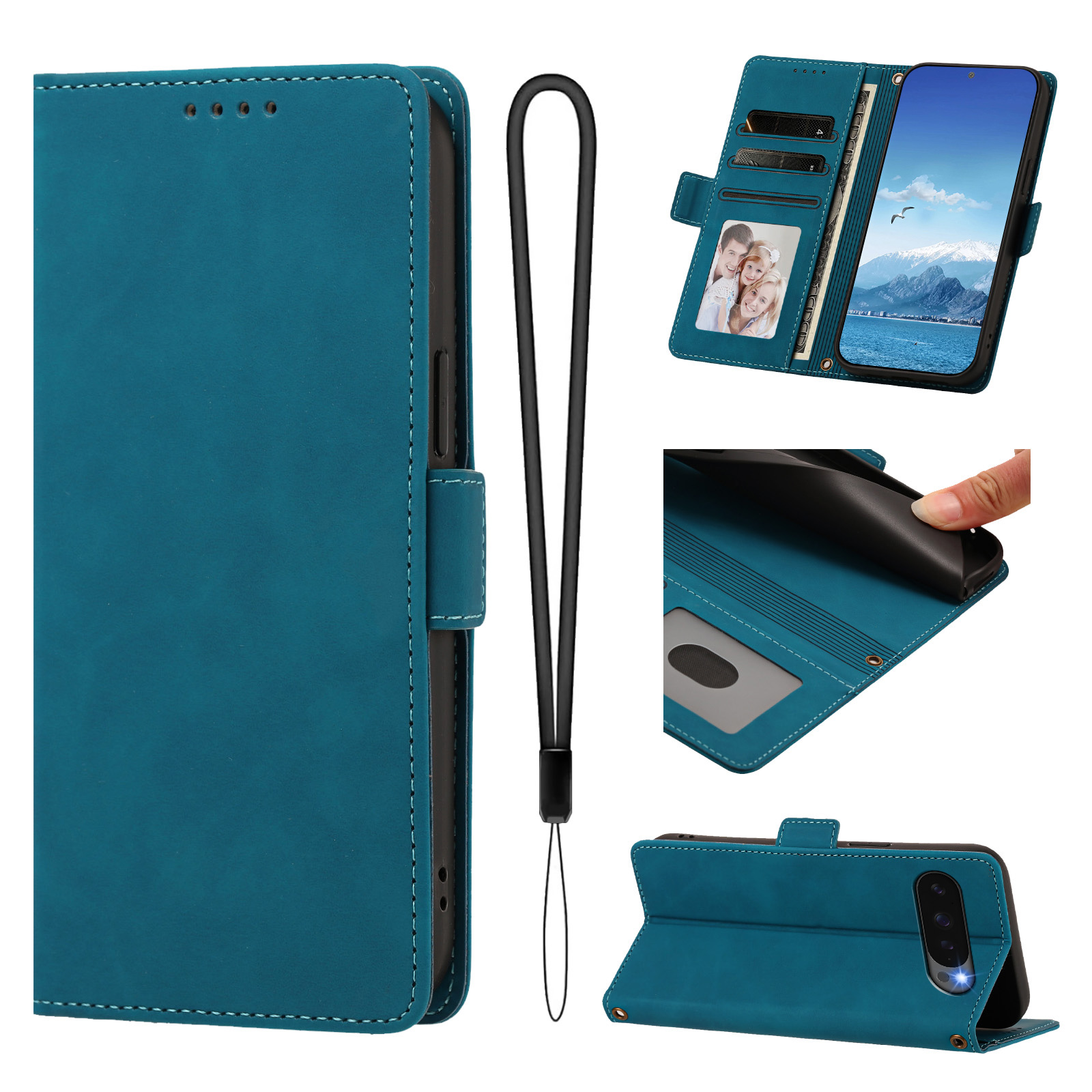 For Google Pixel 10 / Google Pixel 9 / Google Pixel 9 Pro / Google Pixel 10 Pro Case Skin-touch PU Leather Flip Wallet Phone Cover with Wrist Strap - Lake Blue