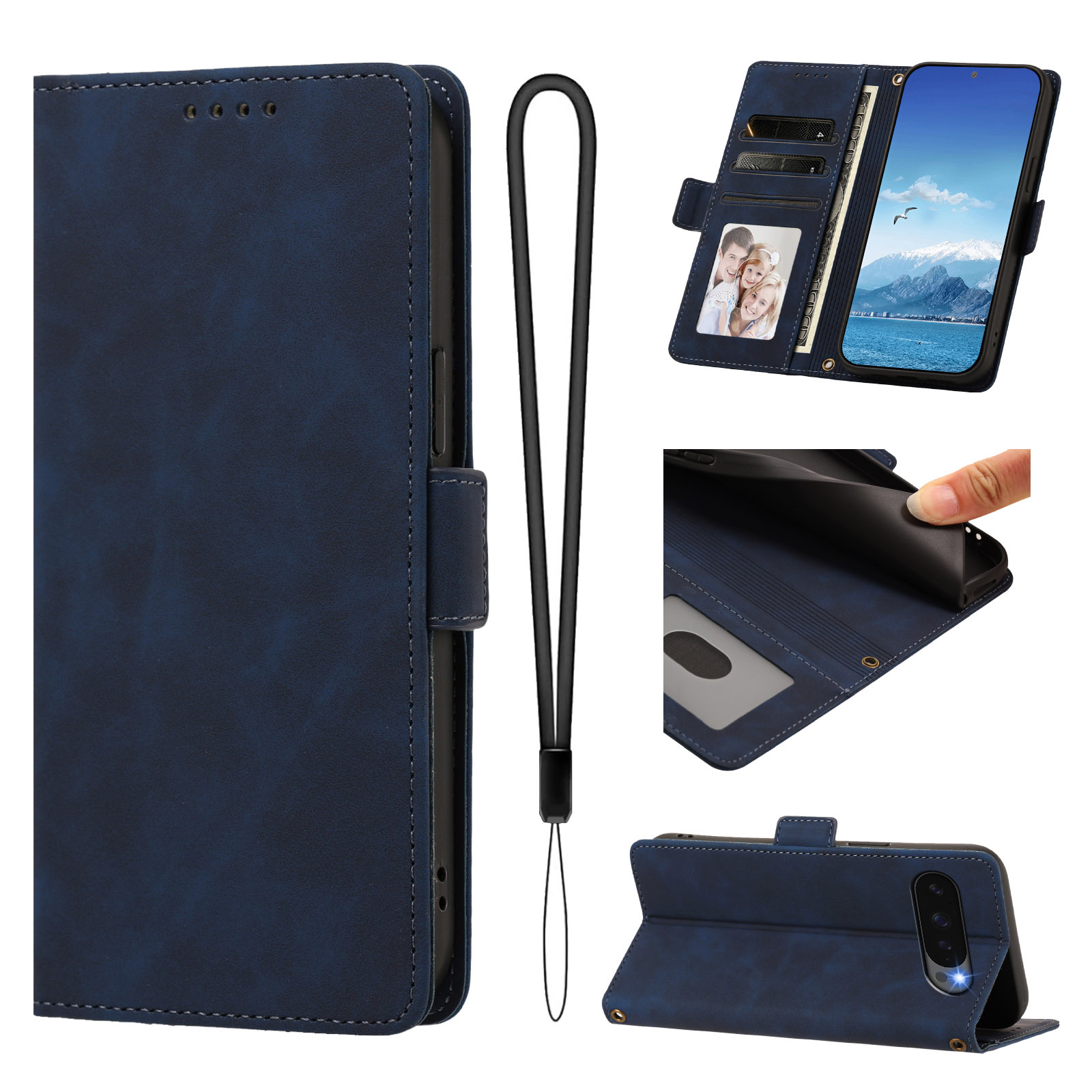 For Google Pixel 10 / Google Pixel 9 / Google Pixel 9 Pro / Google Pixel 10 Pro Case Skin-touch PU Leather Flip Wallet Phone Cover with Wrist Strap - Dark Blue