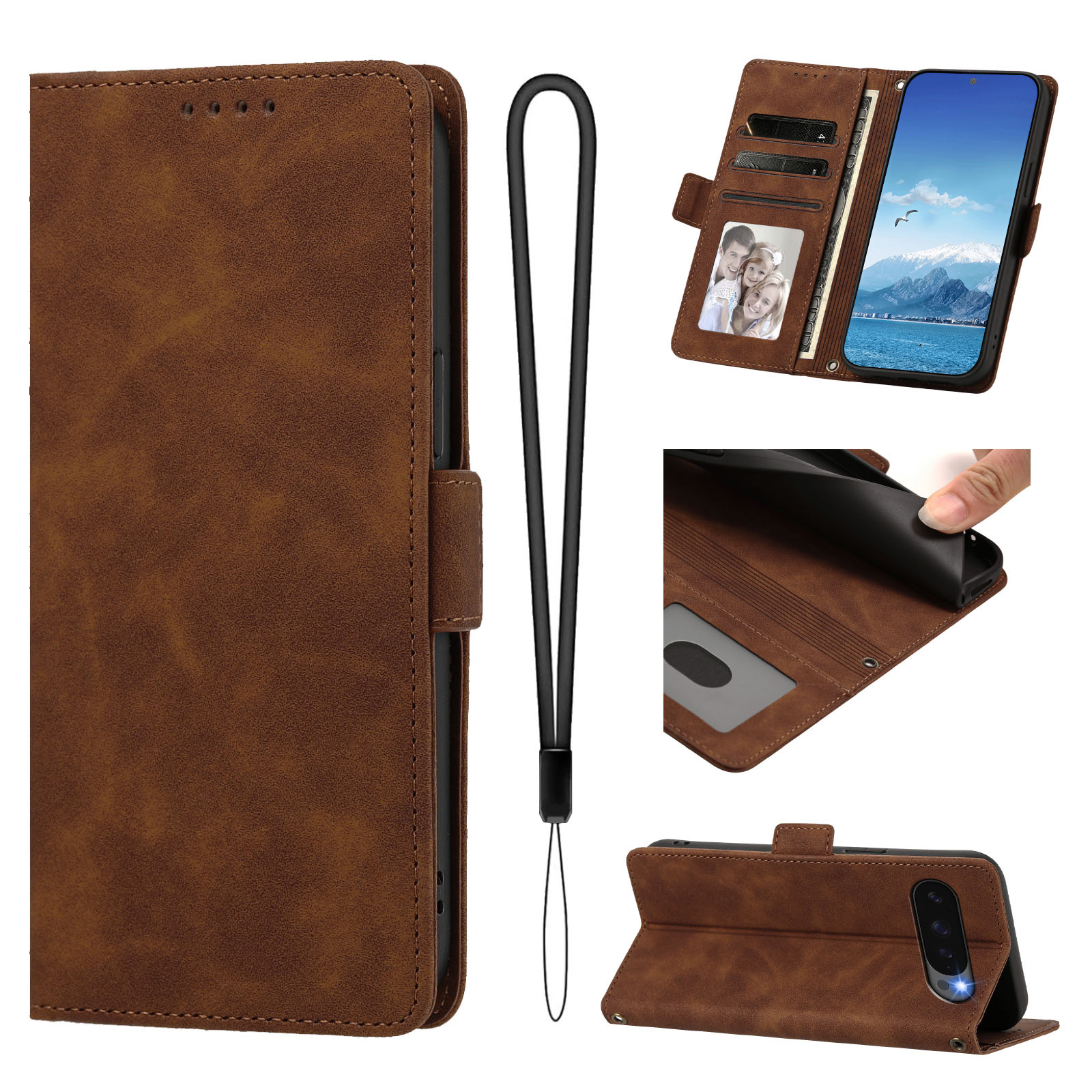 For Google Pixel 10 / Google Pixel 9 / Google Pixel 9 Pro / Google Pixel 10 Pro Case Skin-touch PU Leather Flip Wallet Phone Cover with Wrist Strap - Brown