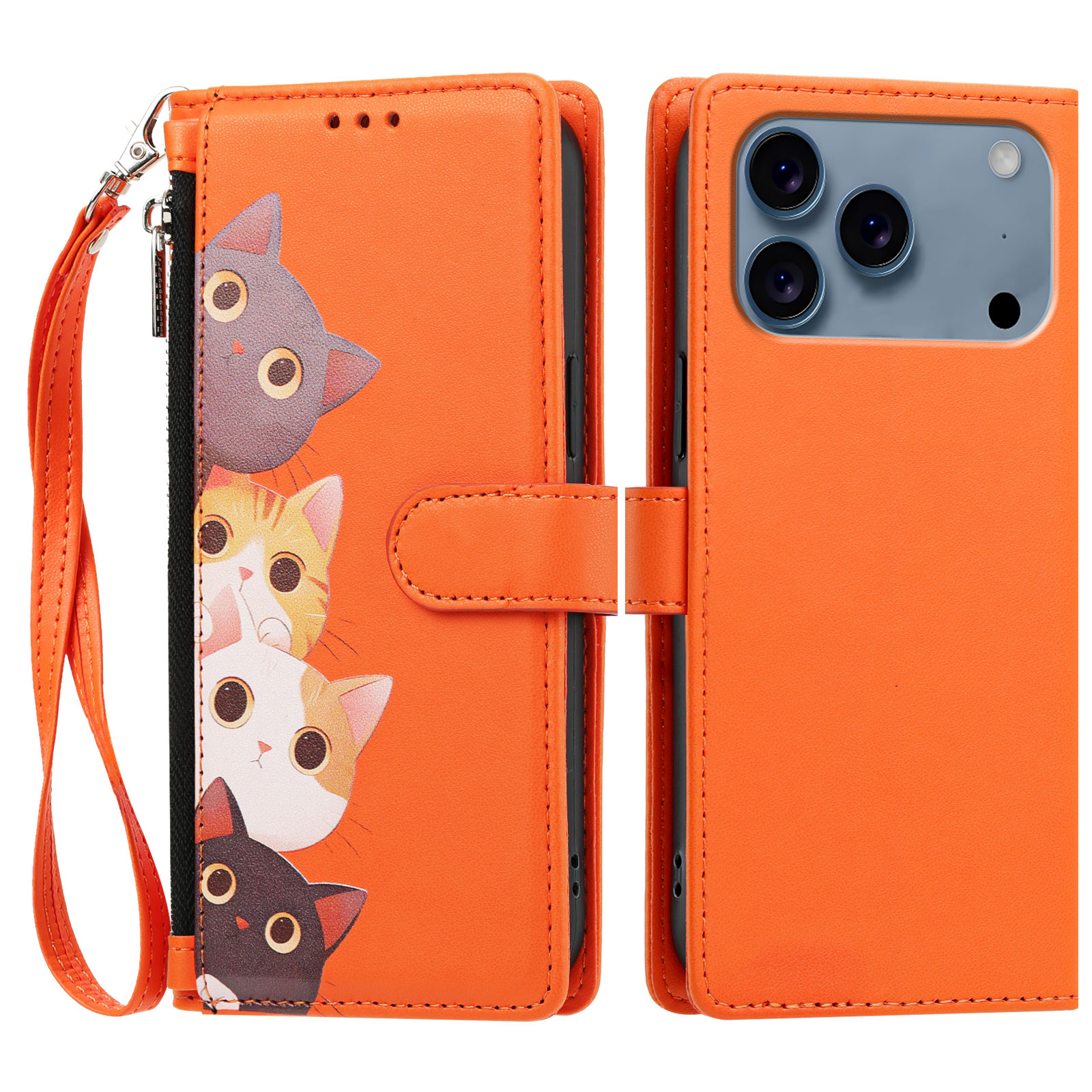 For iPhone 17 Pro Max / iPhone 18 Pro Max Case Cute Cat Pattern PU Leather Flip Wallet Phone Cover with Wrist Strap - Orange