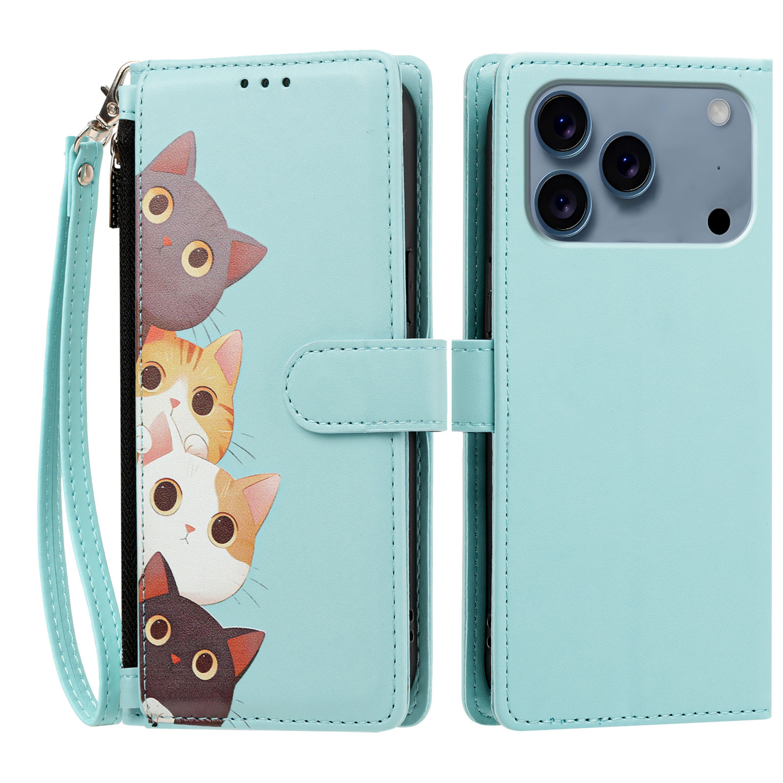 For iPhone 17 Pro Max / iPhone 18 Pro Max Case Cute Cat Pattern PU Leather Flip Wallet Phone Cover with Wrist Strap - Light Green