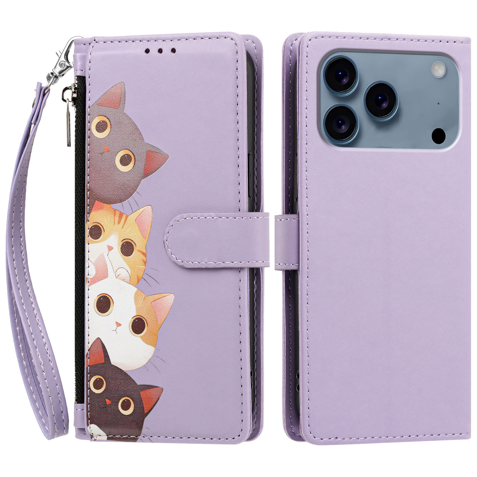 For iPhone 17 Pro Max / iPhone 18 Pro Max Case Cute Cat Pattern PU Leather Flip Wallet Phone Cover with Wrist Strap - Light Purple