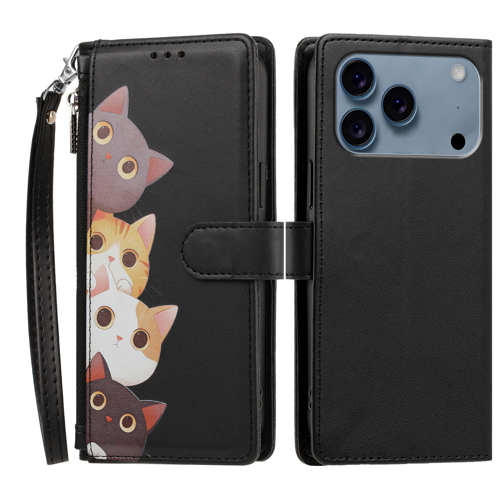 For iPhone 17 Pro / iPhone 18 Pro Case Cute Cat Pattern PU Leather Flip Wallet Phone Cover with Wrist Strap - Black