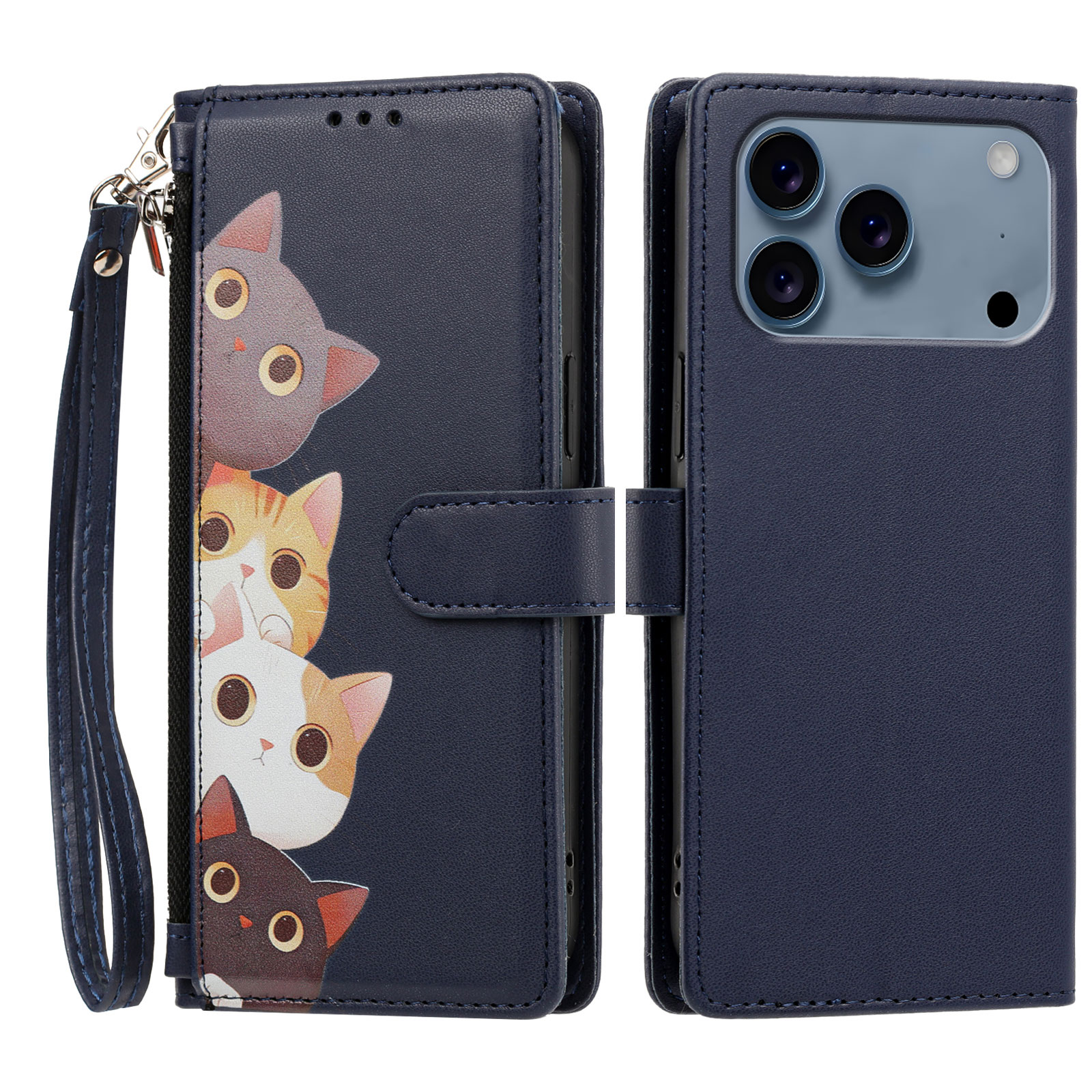 For iPhone 17 Pro / iPhone 18 Pro Case Cute Cat Pattern PU Leather Flip Wallet Phone Cover with Wrist Strap - Dark Blue