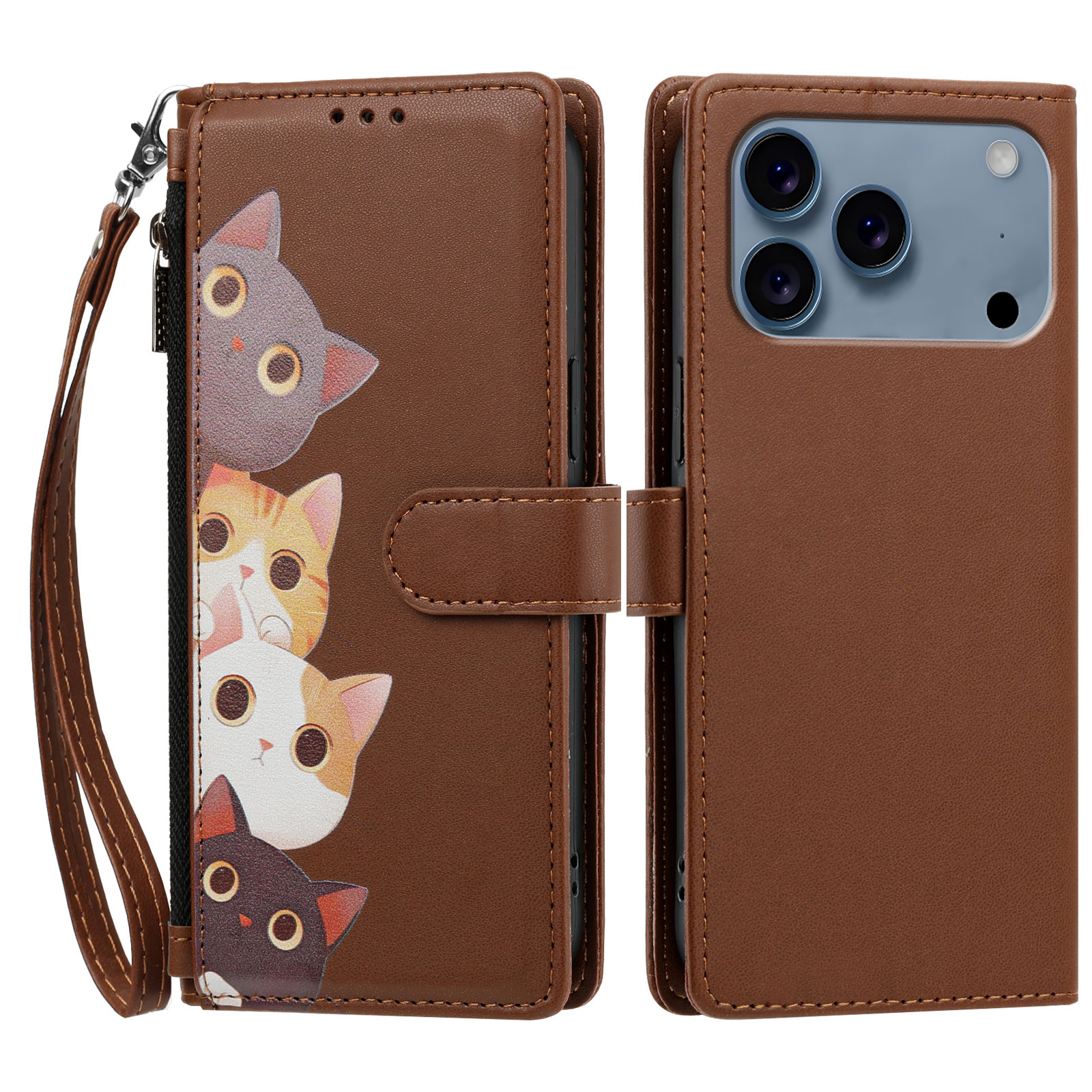 For iPhone 17 Pro / iPhone 18 Pro Case Cute Cat Pattern PU Leather Flip Wallet Phone Cover with Wrist Strap - Brown