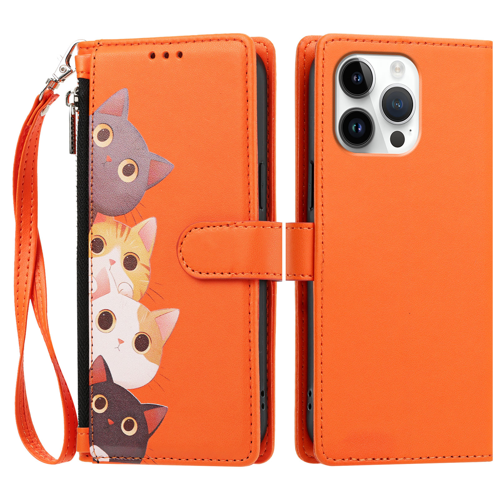 For iPhone 16 Pro Max Case Cute Cat Pattern PU Leather Flip Wallet Phone Cover with Wrist Strap - Orange