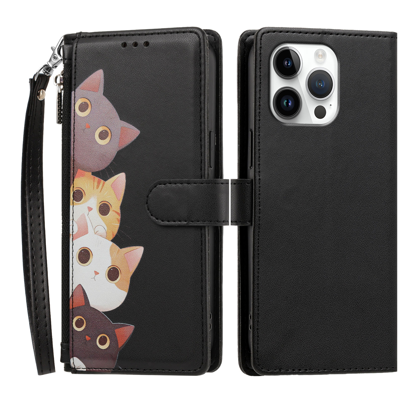 For iPhone 16 Pro Max Case Cute Cat Pattern PU Leather Flip Wallet Phone Cover with Wrist Strap - Black