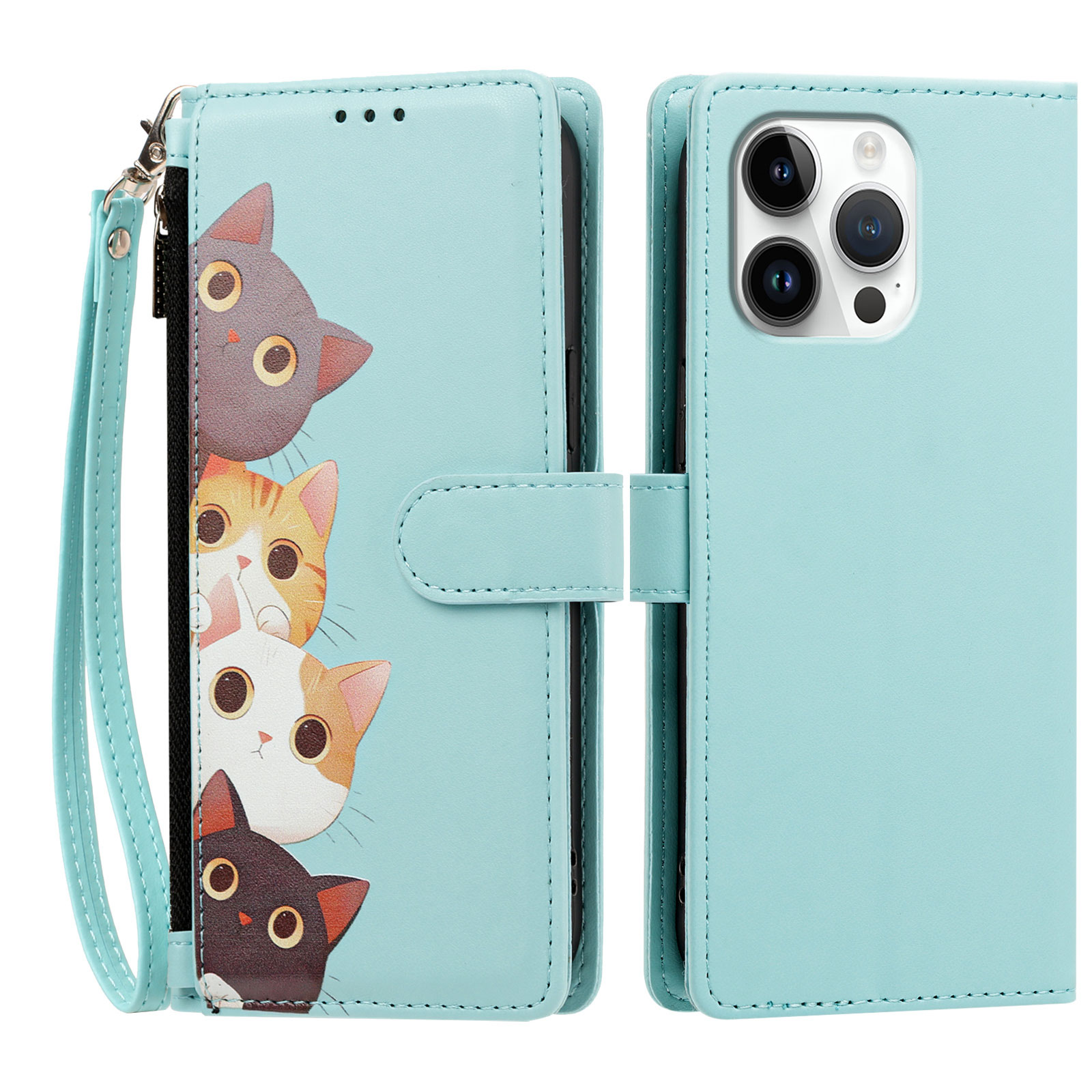 For iPhone 16 Pro Max Case Cute Cat Pattern PU Leather Flip Wallet Phone Cover with Wrist Strap - Light Green