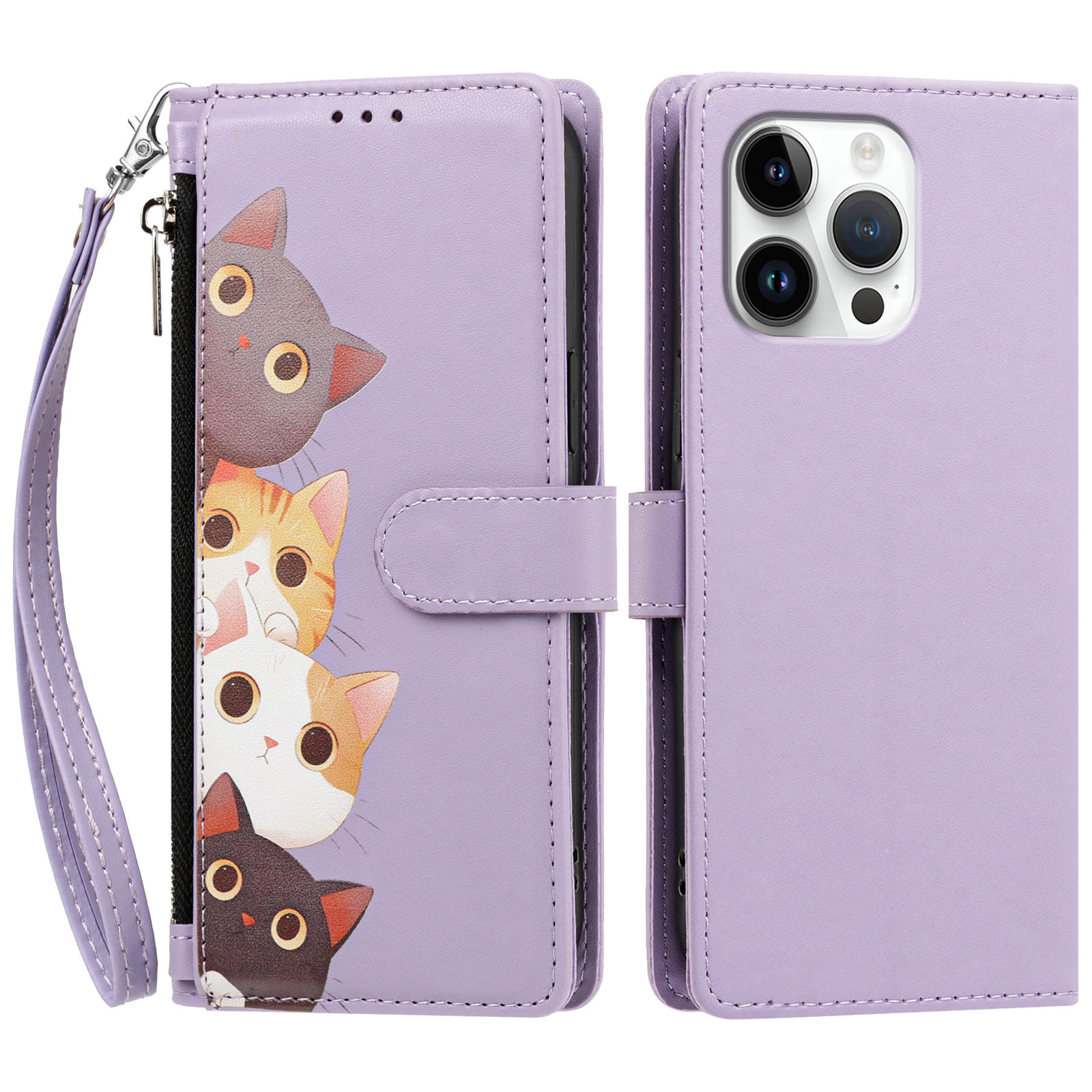 For iPhone 16 Pro Max Case Cute Cat Pattern PU Leather Flip Wallet Phone Cover with Wrist Strap - Light Purple
