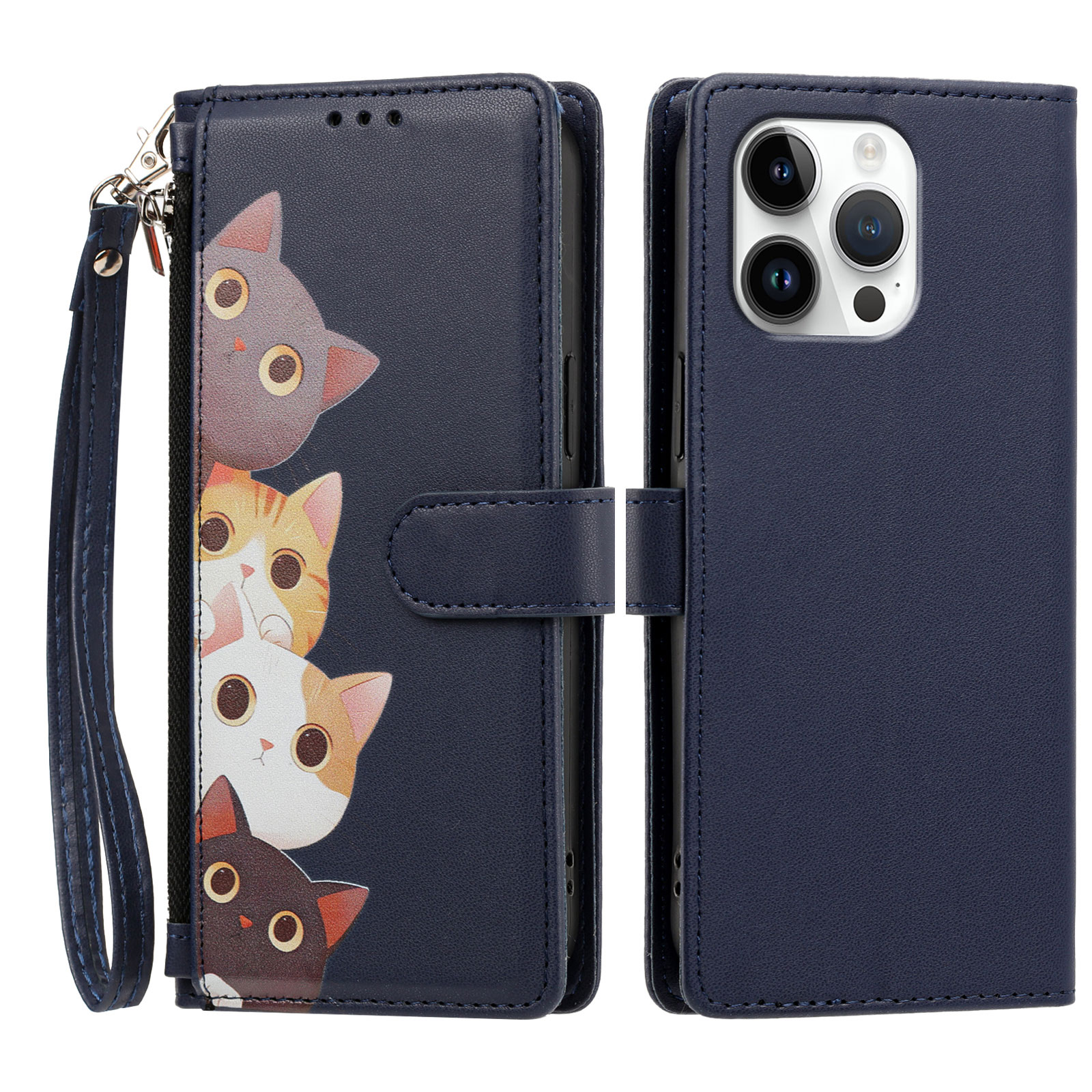 For iPhone 16 Pro Max Case Cute Cat Pattern PU Leather Flip Wallet Phone Cover with Wrist Strap - Dark Blue