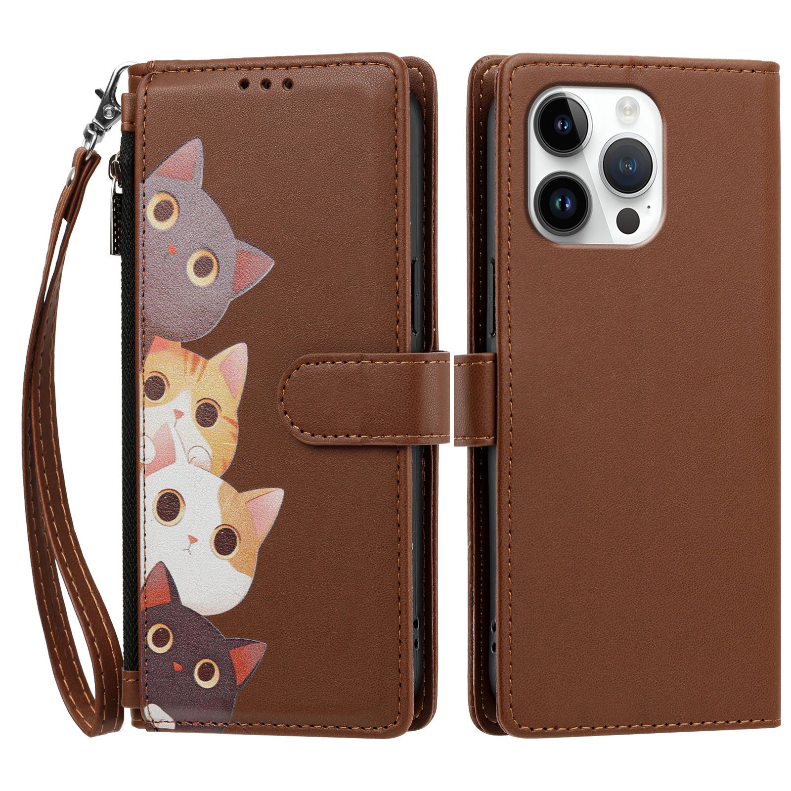 For iPhone 16 Pro Max Case Cute Cat Pattern PU Leather Flip Wallet Phone Cover with Wrist Strap - Brown
