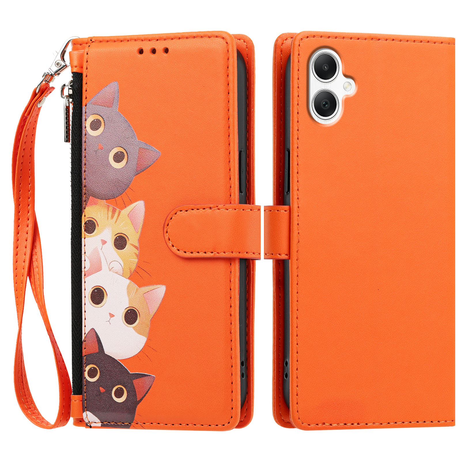 For Samsung Galaxy A08 4G / Galaxy A07 4G / Galaxy A07 5G / Galaxy A06 4G / Galaxy A06 5G / Galaxy F07 4G / Galaxy M07 4G / Galaxy M17e 5G / Galaxy A08 5G Case Cute Cat Pattern PU Leather Flip Wallet Phone Cover with Wrist Strap - Orange