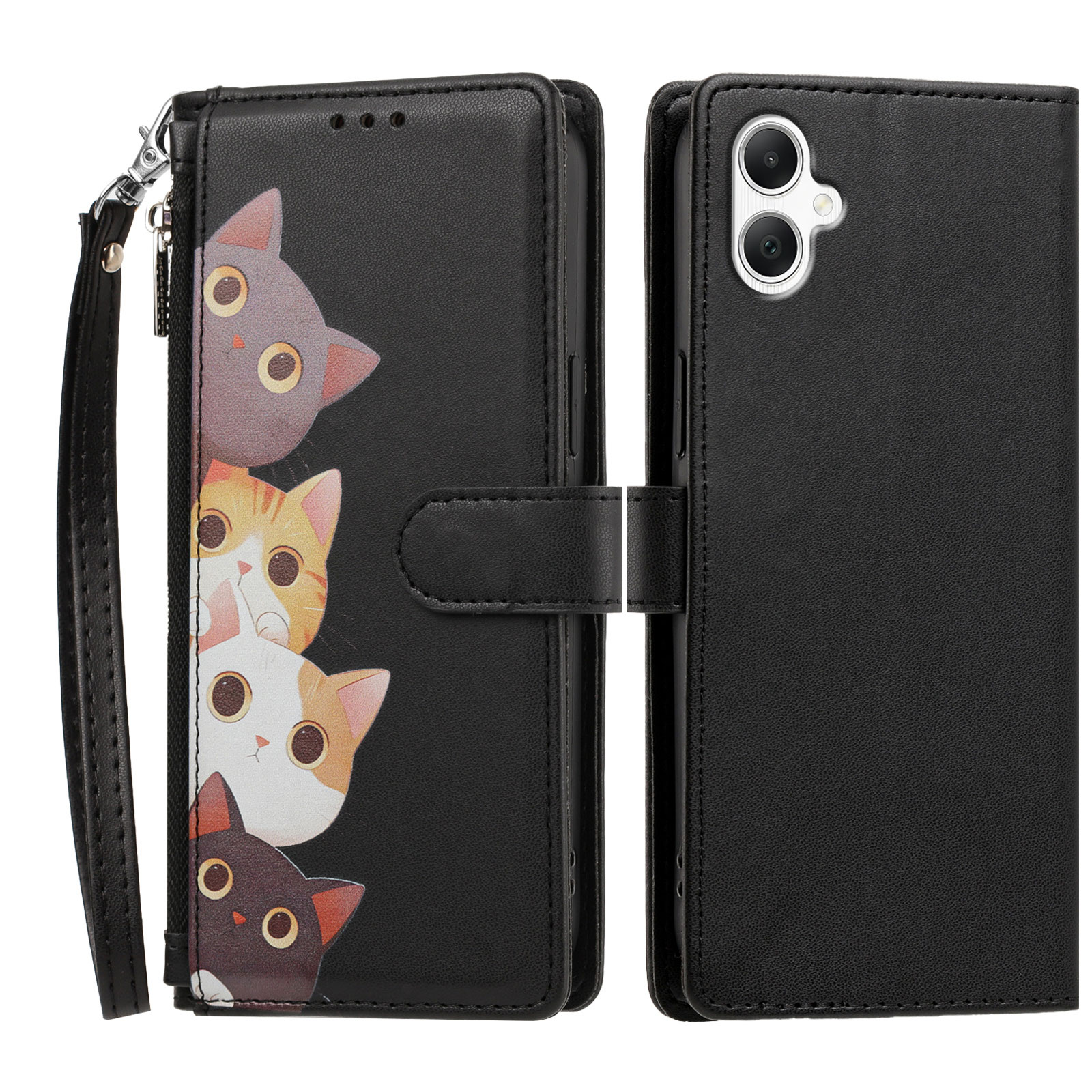For Samsung Galaxy A08 4G / Galaxy A07 4G / Galaxy A07 5G / Galaxy A06 4G / Galaxy A06 5G / Galaxy F07 4G / Galaxy M07 4G / Galaxy M17e 5G / Galaxy A08 5G Case Cute Cat Pattern PU Leather Flip Wallet Phone Cover with Wrist Strap - Black