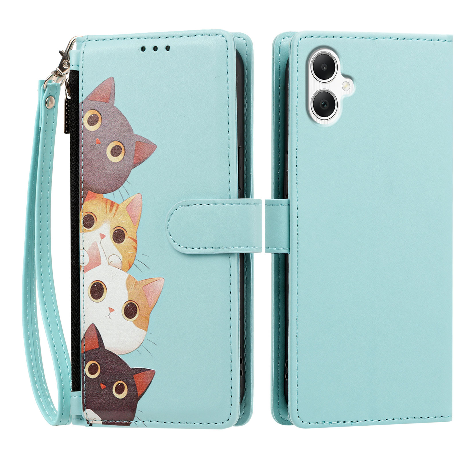 For Samsung Galaxy A08 4G / Galaxy A07 4G / Galaxy A07 5G / Galaxy A06 4G / Galaxy A06 5G / Galaxy F07 4G / Galaxy M07 4G / Galaxy M17e 5G / Galaxy A08 5G Case Cute Cat Pattern PU Leather Flip Wallet Phone Cover with Wrist Strap - Light Green