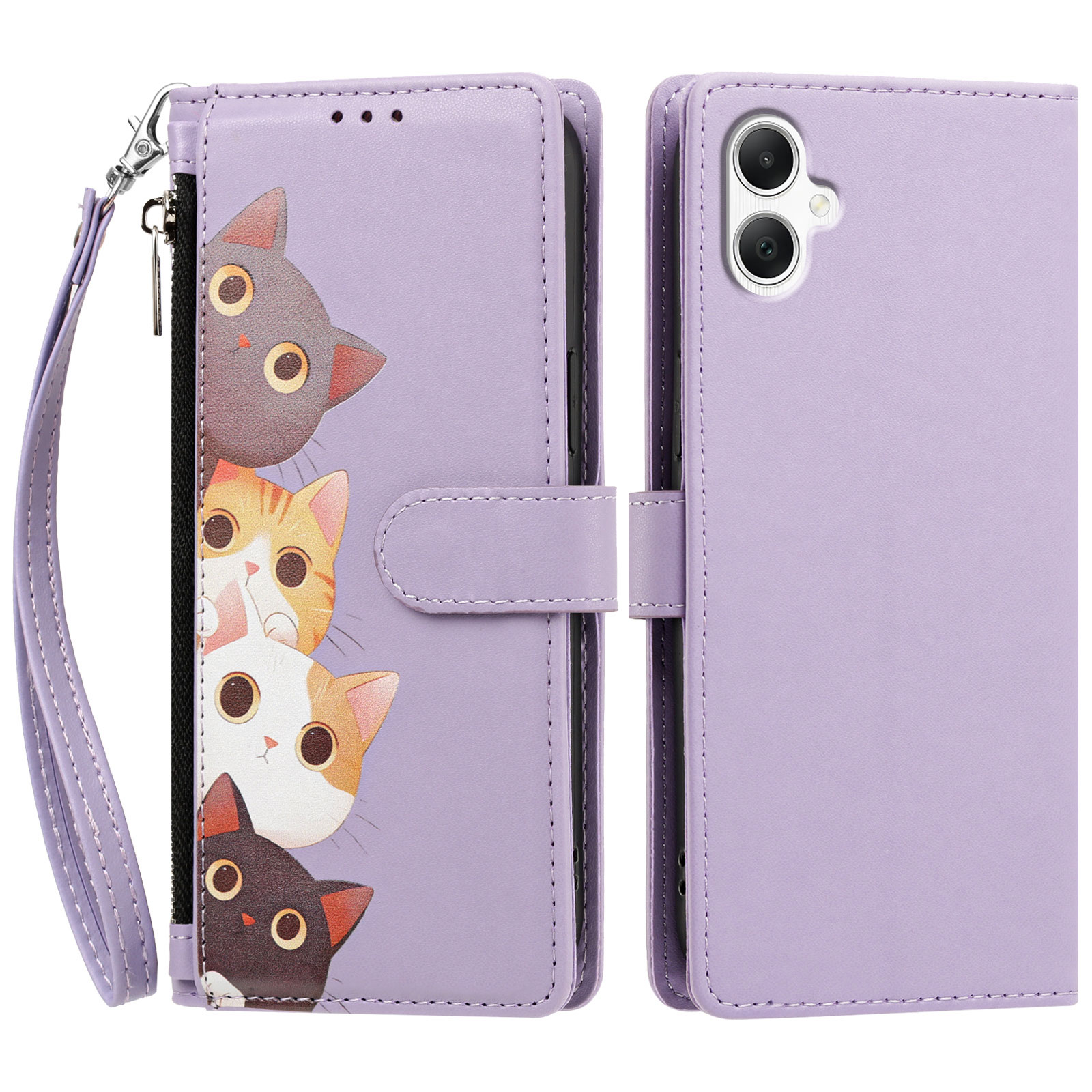 For Samsung Galaxy A08 4G / Galaxy A07 4G / Galaxy A07 5G / Galaxy A06 4G / Galaxy A06 5G / Galaxy F07 4G / Galaxy M07 4G / Galaxy M17e 5G / Galaxy A08 5G Case Cute Cat Pattern PU Leather Flip Wallet Phone Cover with Wrist Strap - Light Purple