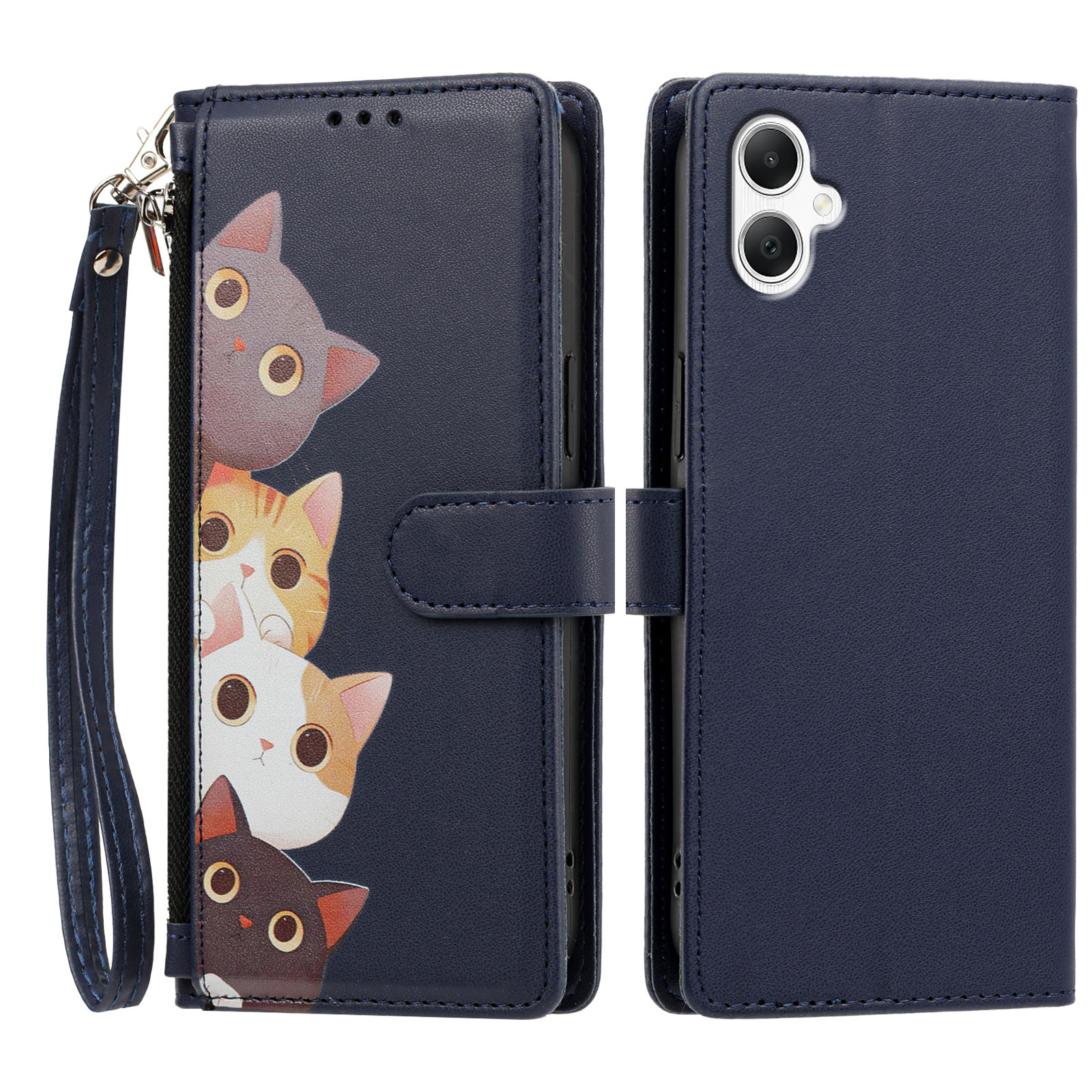 For Samsung Galaxy A08 4G / Galaxy A07 4G / Galaxy A07 5G / Galaxy A06 4G / Galaxy A06 5G / Galaxy F07 4G / Galaxy M07 4G / Galaxy M17e 5G / Galaxy A08 5G Case Cute Cat Pattern PU Leather Flip Wallet Phone Cover with Wrist Strap - Dark Blue