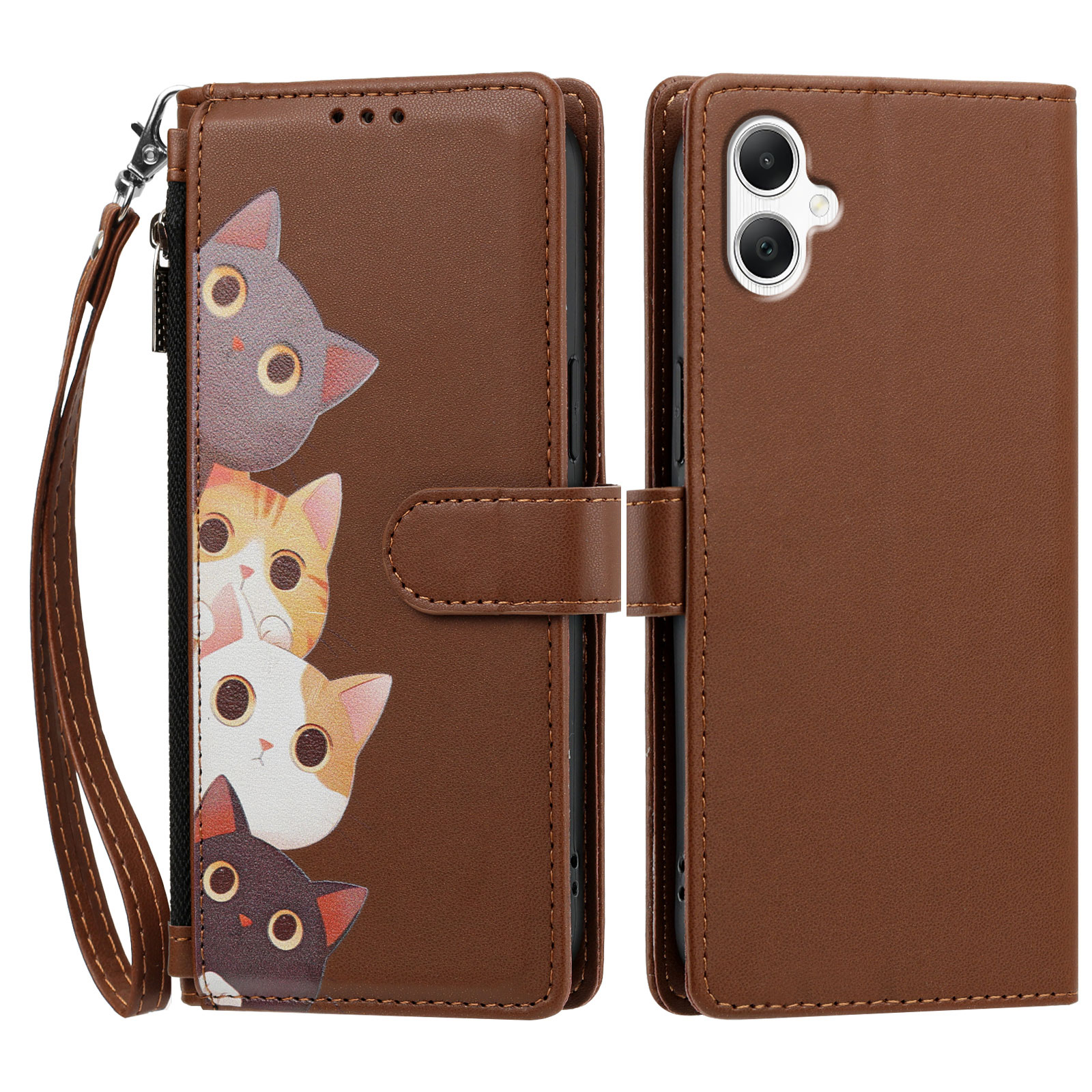 For Samsung Galaxy A08 4G / Galaxy A07 4G / Galaxy A07 5G / Galaxy A06 4G / Galaxy A06 5G / Galaxy F07 4G / Galaxy M07 4G / Galaxy M17e 5G / Galaxy A08 5G Case Cute Cat Pattern PU Leather Flip Wallet Phone Cover with Wrist Strap - Brown