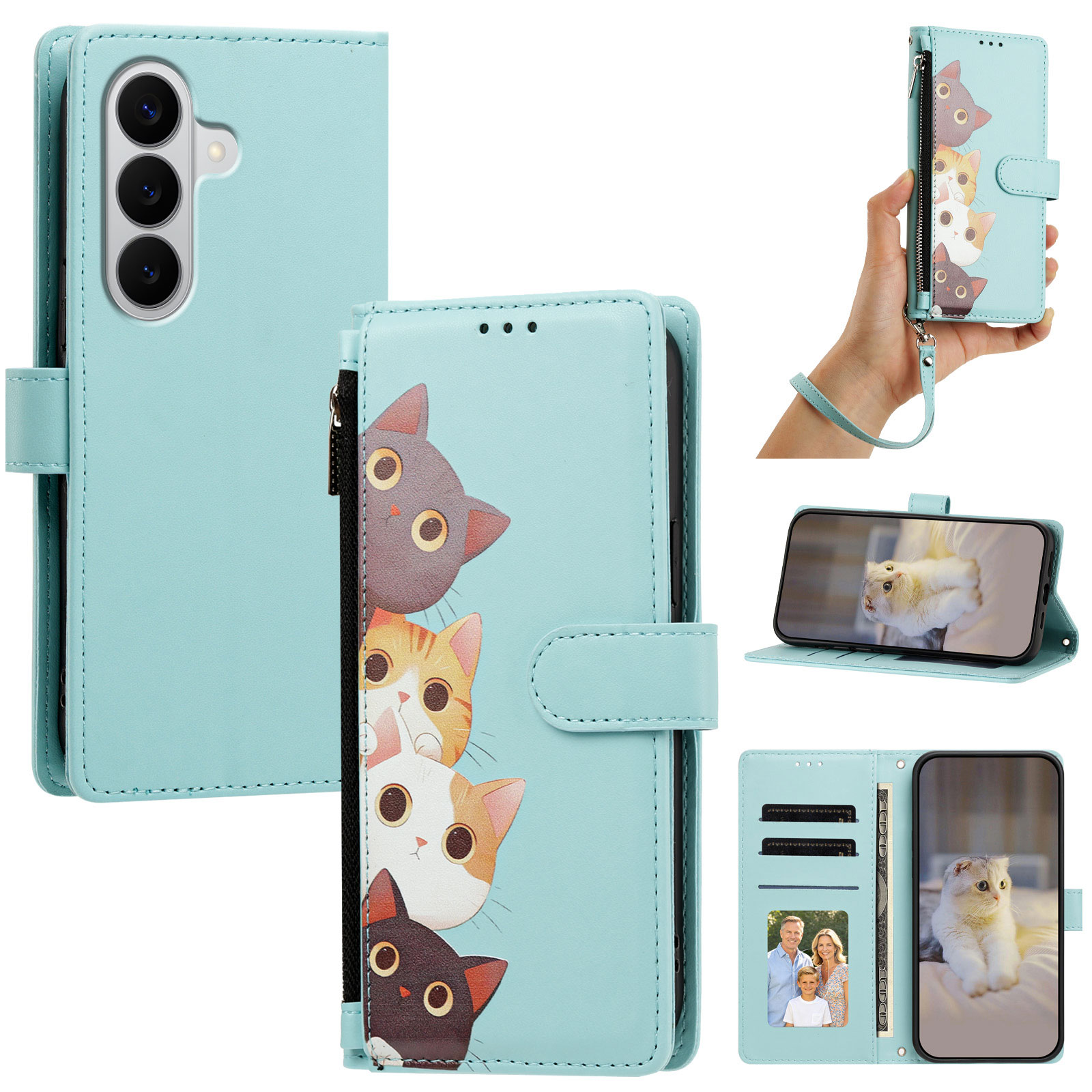 For Samsung Galaxy A18 4G / Galaxy A17 5G / Galaxy A17 4G / Galaxy A26 5G / Galaxy F17 5G / Galaxy M17 5G / Galaxy A18 5G Case Cute Cat Pattern PU Leather Flip Wallet Phone Cover with Wrist Strap - Light Green