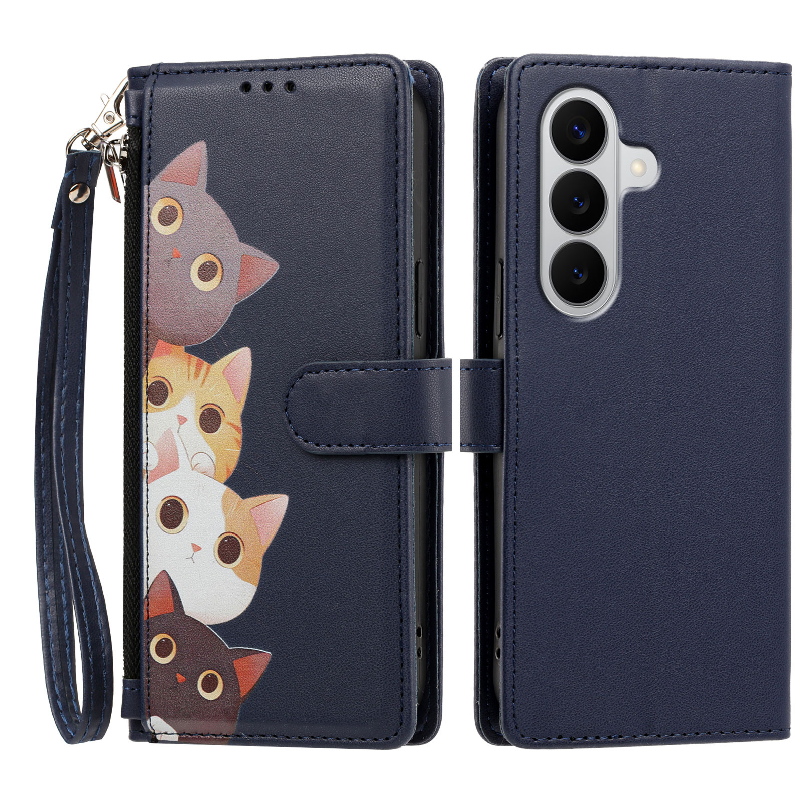 For Samsung Galaxy A18 4G / Galaxy A17 5G / Galaxy A17 4G / Galaxy A26 5G / Galaxy F17 5G / Galaxy M17 5G / Galaxy A18 5G Case Cute Cat Pattern PU Leather Flip Wallet Phone Cover with Wrist Strap - Dark Blue