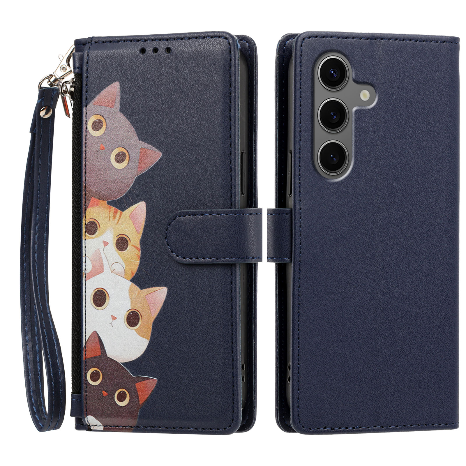For Samsung Galaxy S24+ / Galaxy S25+ Case Cute Cat Pattern PU Leather Flip Wallet Phone Cover with Wrist Strap - Dark Blue